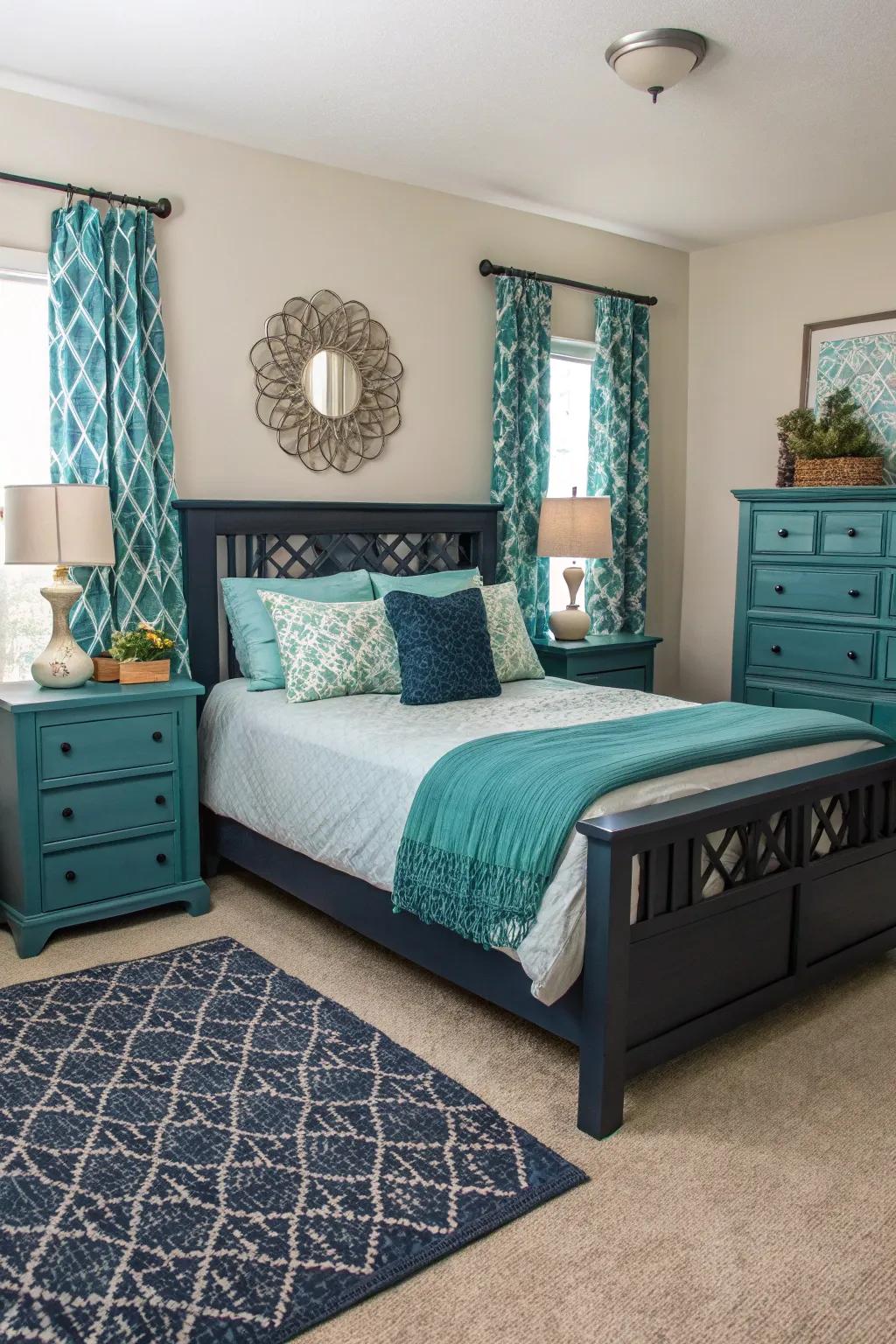 Navy furniture enhances the room’s color palette, creating a sense of harmony.