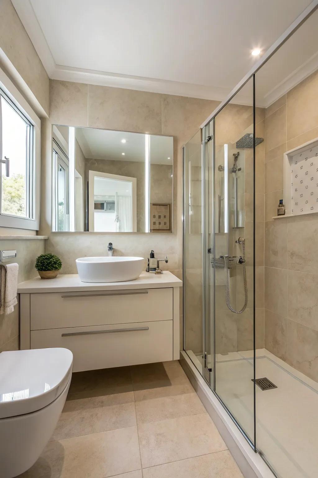 Contemporary simplicity keeps the neutral bathroom clutter-free.