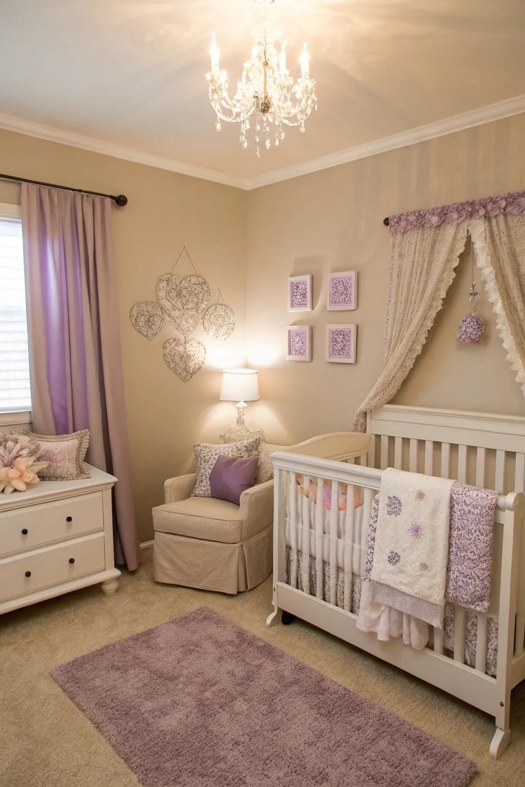 A baby room featuring elegant lavender hints.