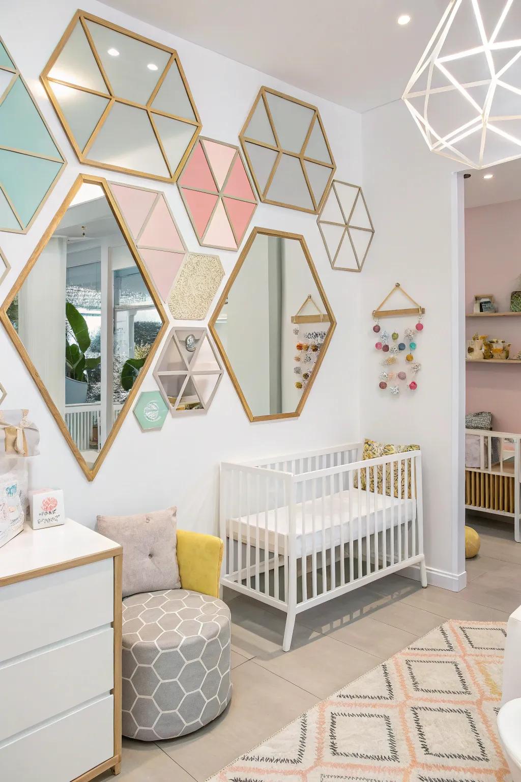 The geometric mirrors introduce a bold and modern aesthetic to this nursery's decor.