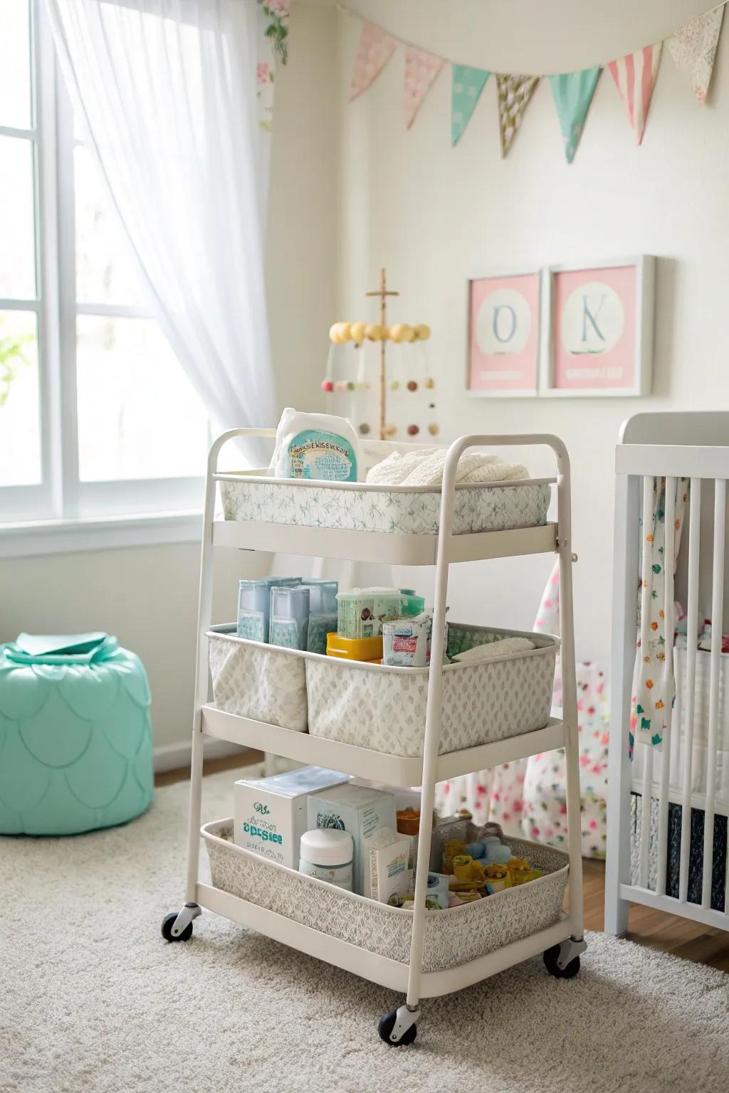 Mobile cart for flexible nursery storage.