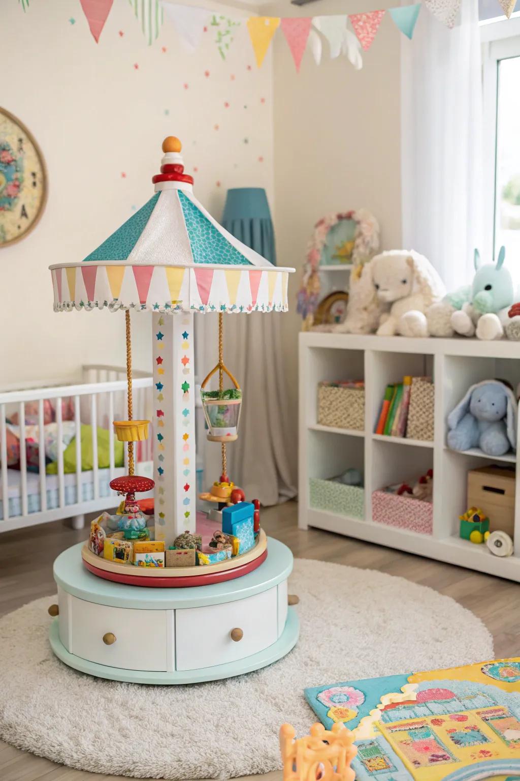 A revolving toy carousel retains toys arranged and easily reachable.