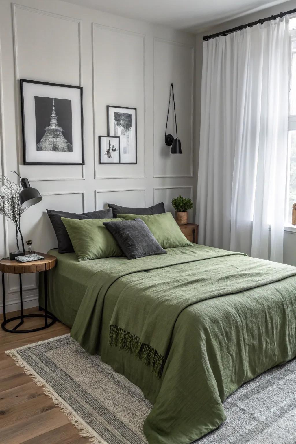Monochrome decorations provide a modern contrast when paired with green bedding.