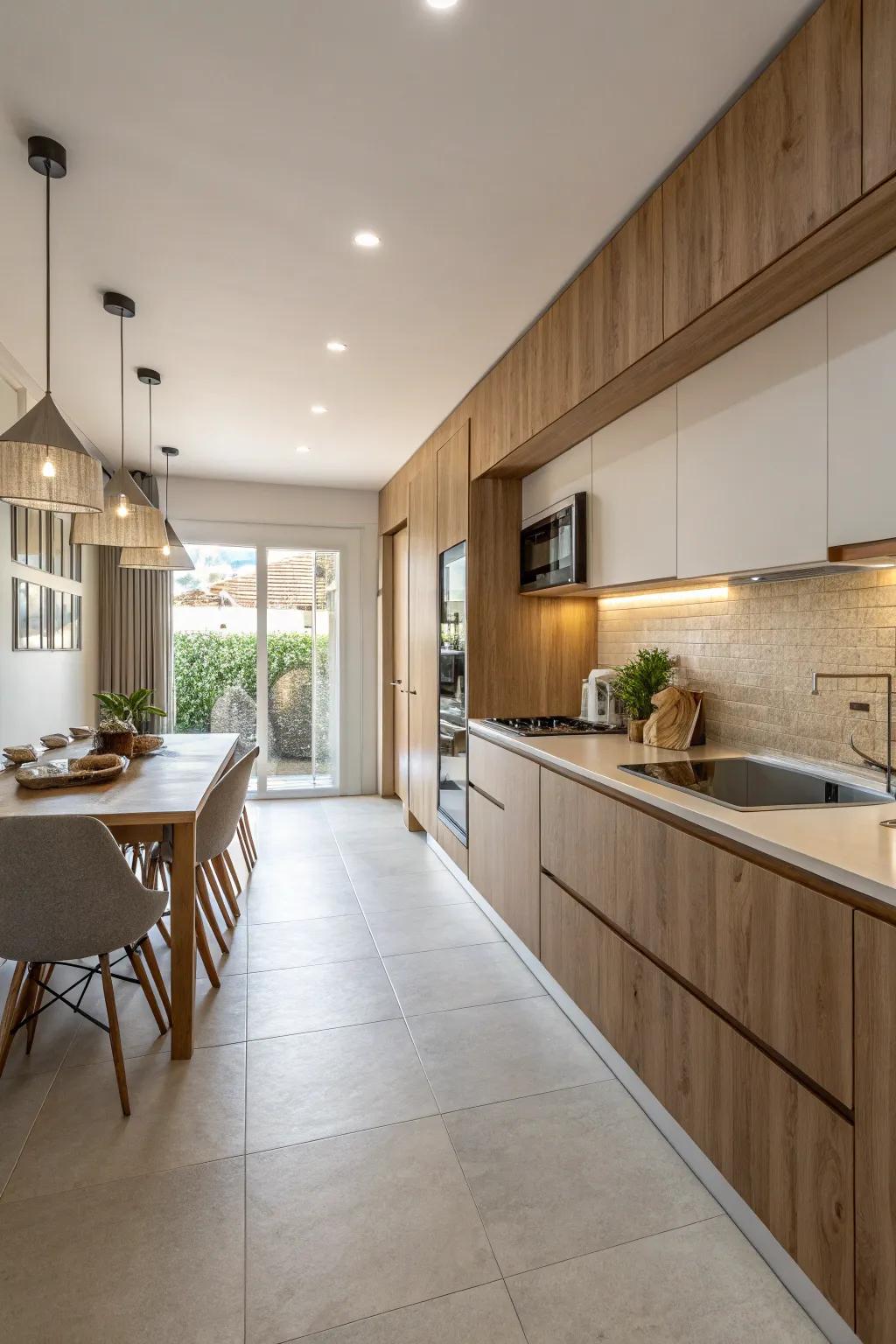 Visual flow in a one-wall kitchen with matching materials.