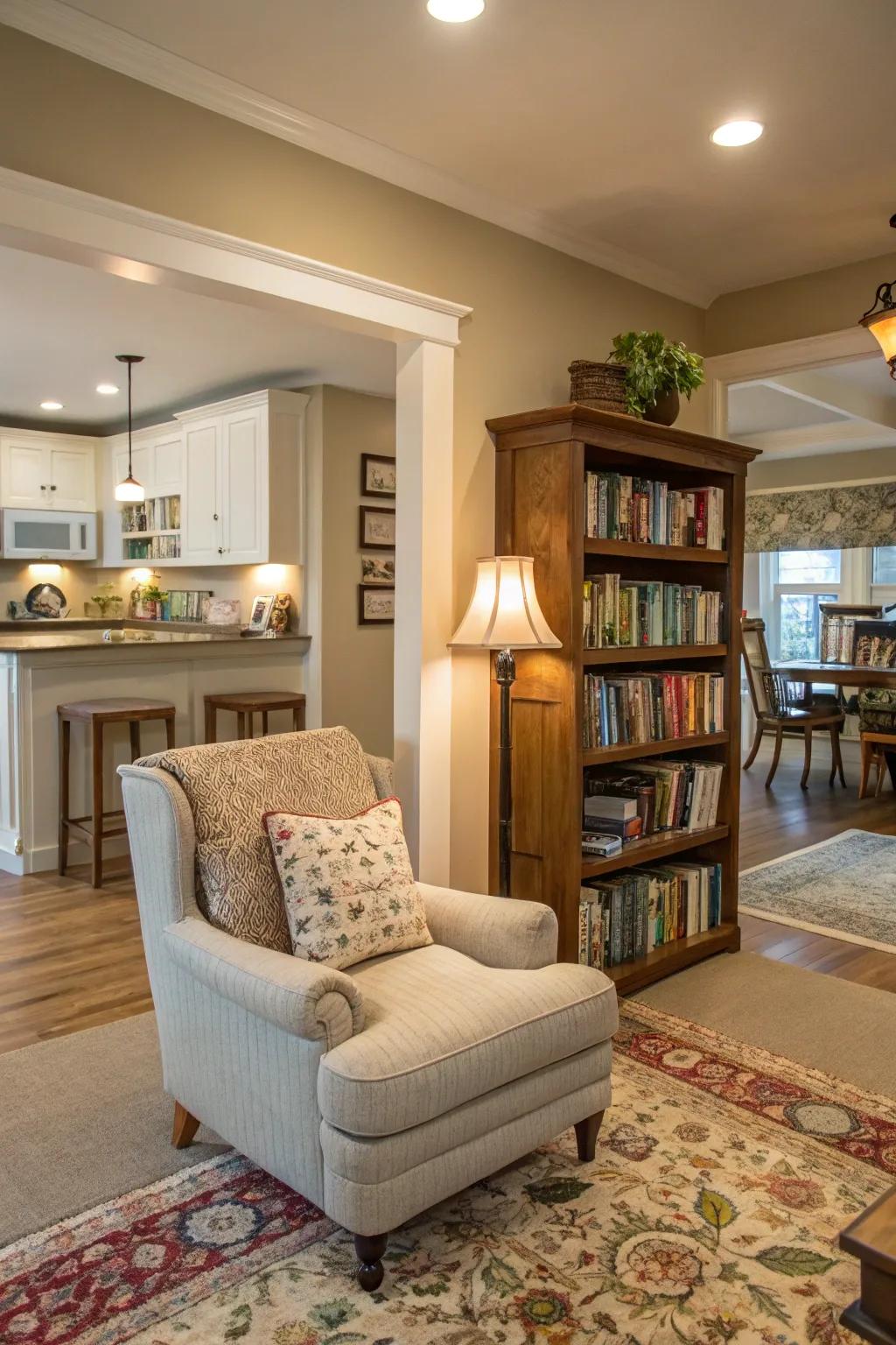 A reading alcove delivers a serene escape within the open area.