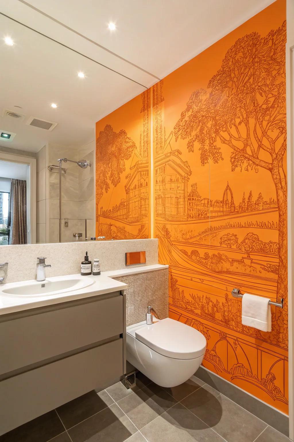 Bathroom with a vibrant orange mural wall for added artistry.
