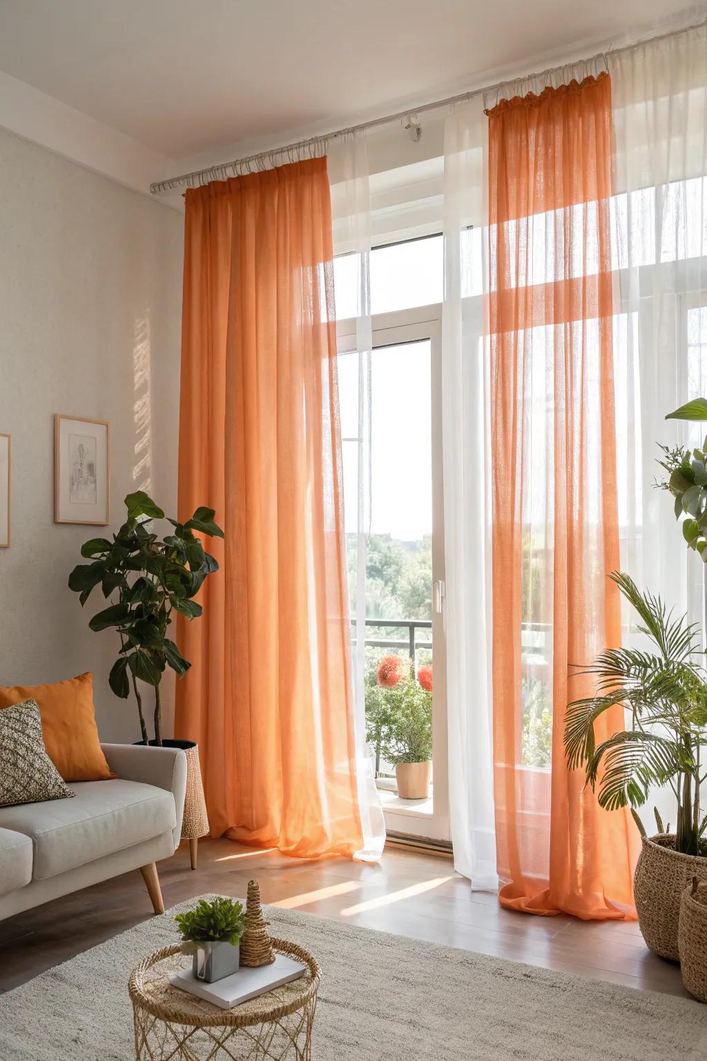 Sheer elegance with light and airy orange window coverings.