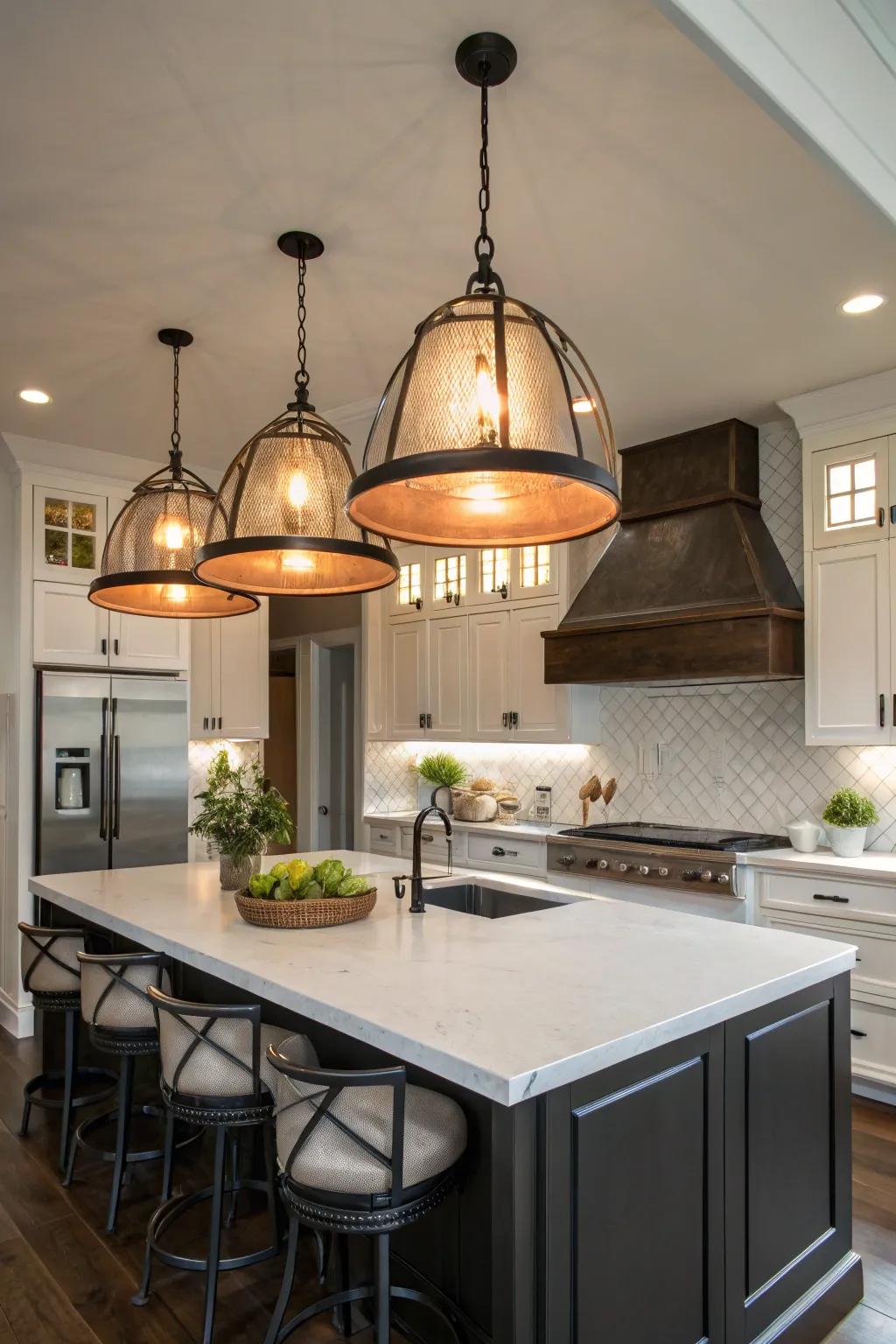 Statement lighting introduces a dramatic emphasis to the kitchen's ambiance.