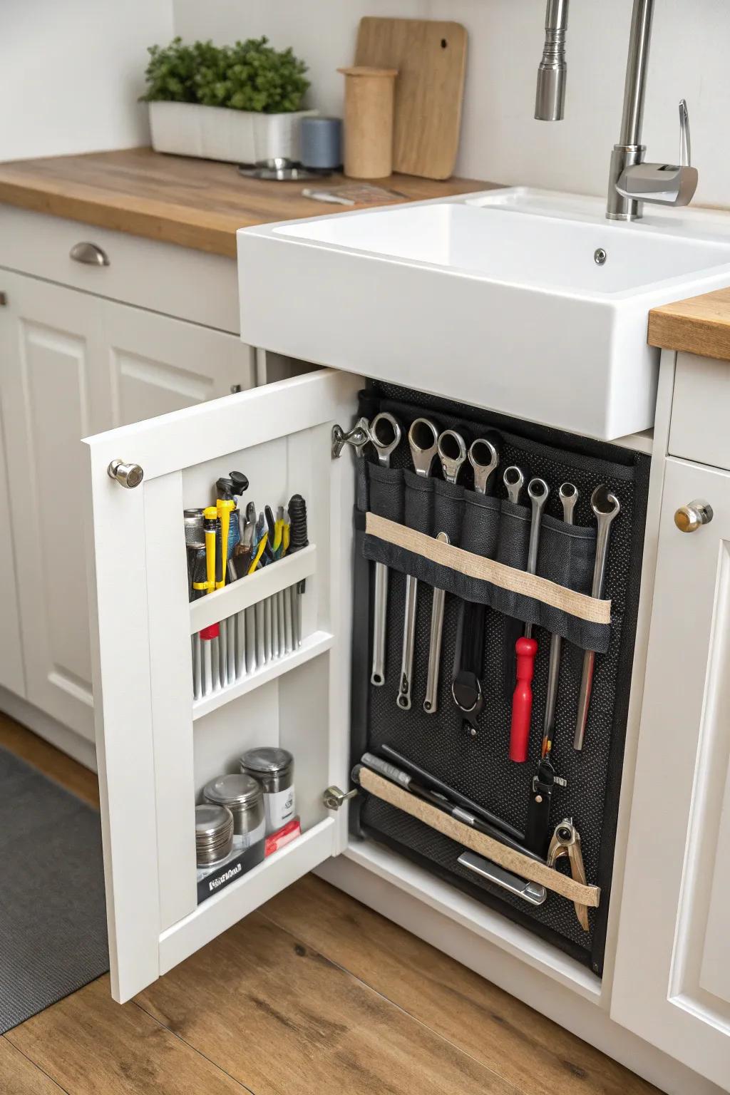 Magnetic strips provide creative storage for small metallic items.