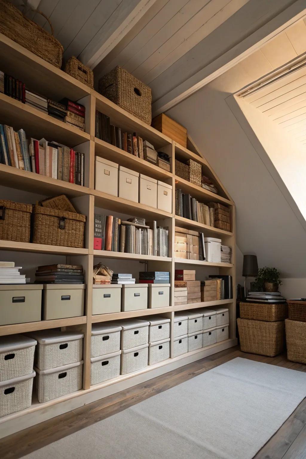 High shelves neatly hold items that are not often used.