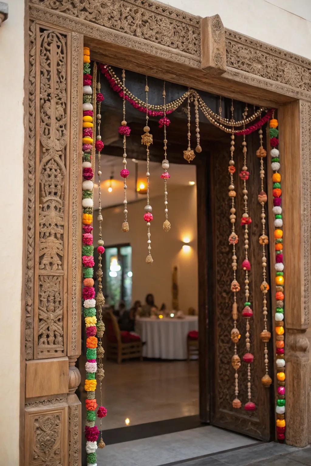 A festive ornament tapestry suspended in a doorway.