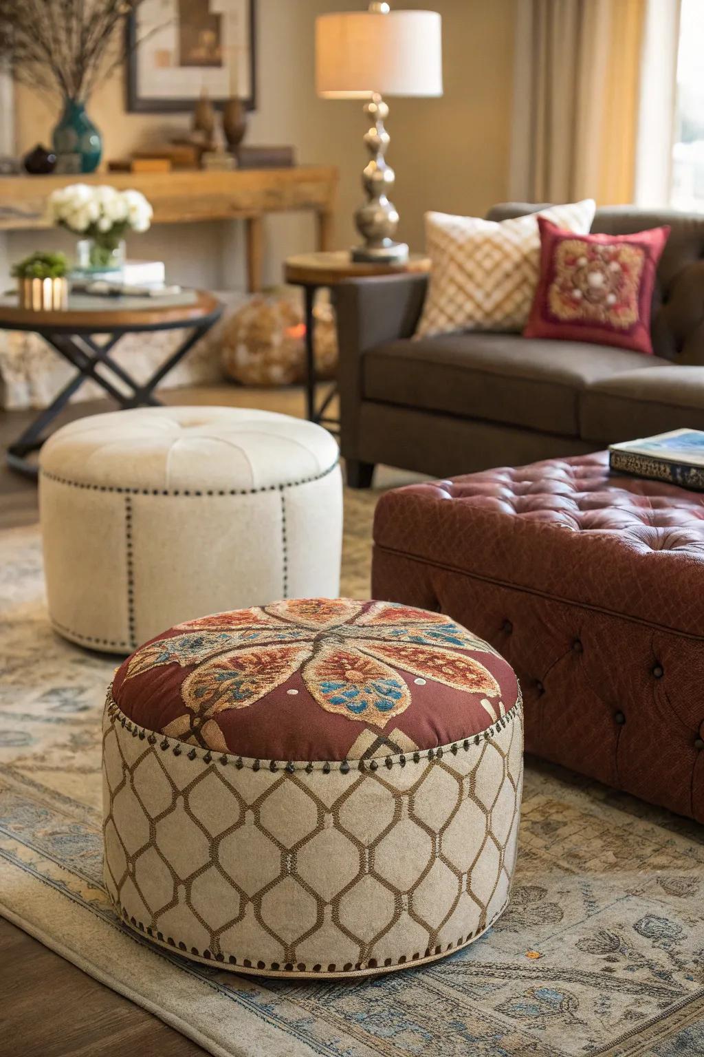 A varied assembly of ottoman styles creates a dynamic lounge.