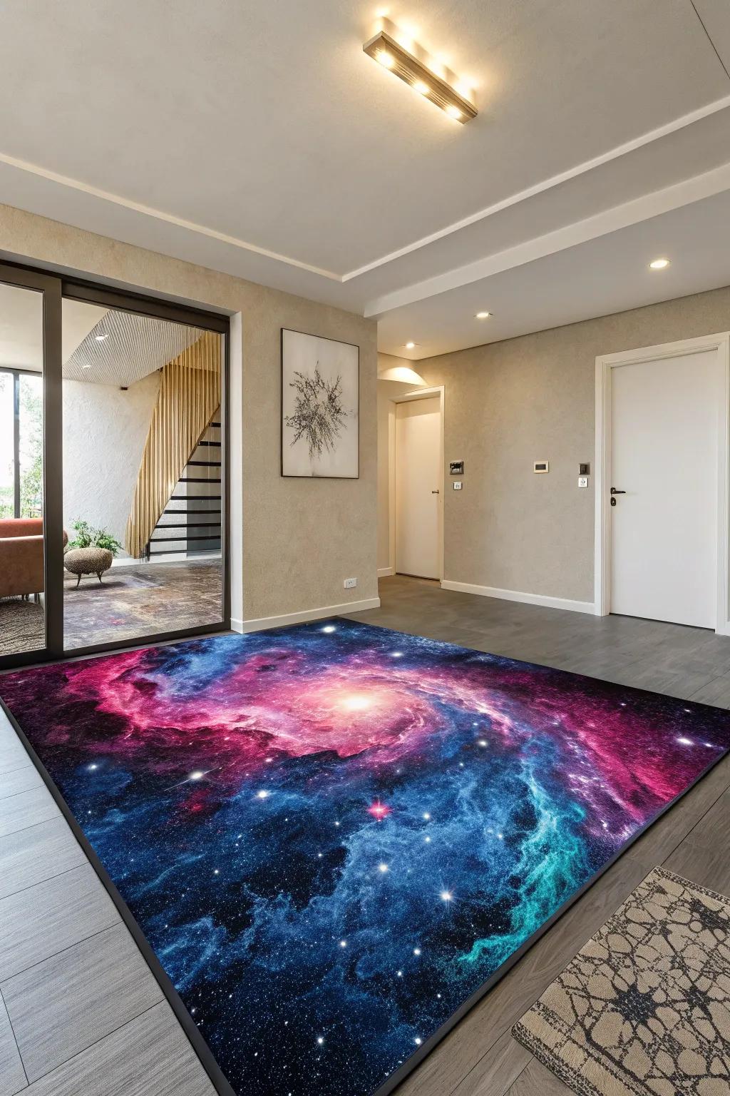 A nebula-patterned floor covering infuses color and cosmic intrigue into your space.