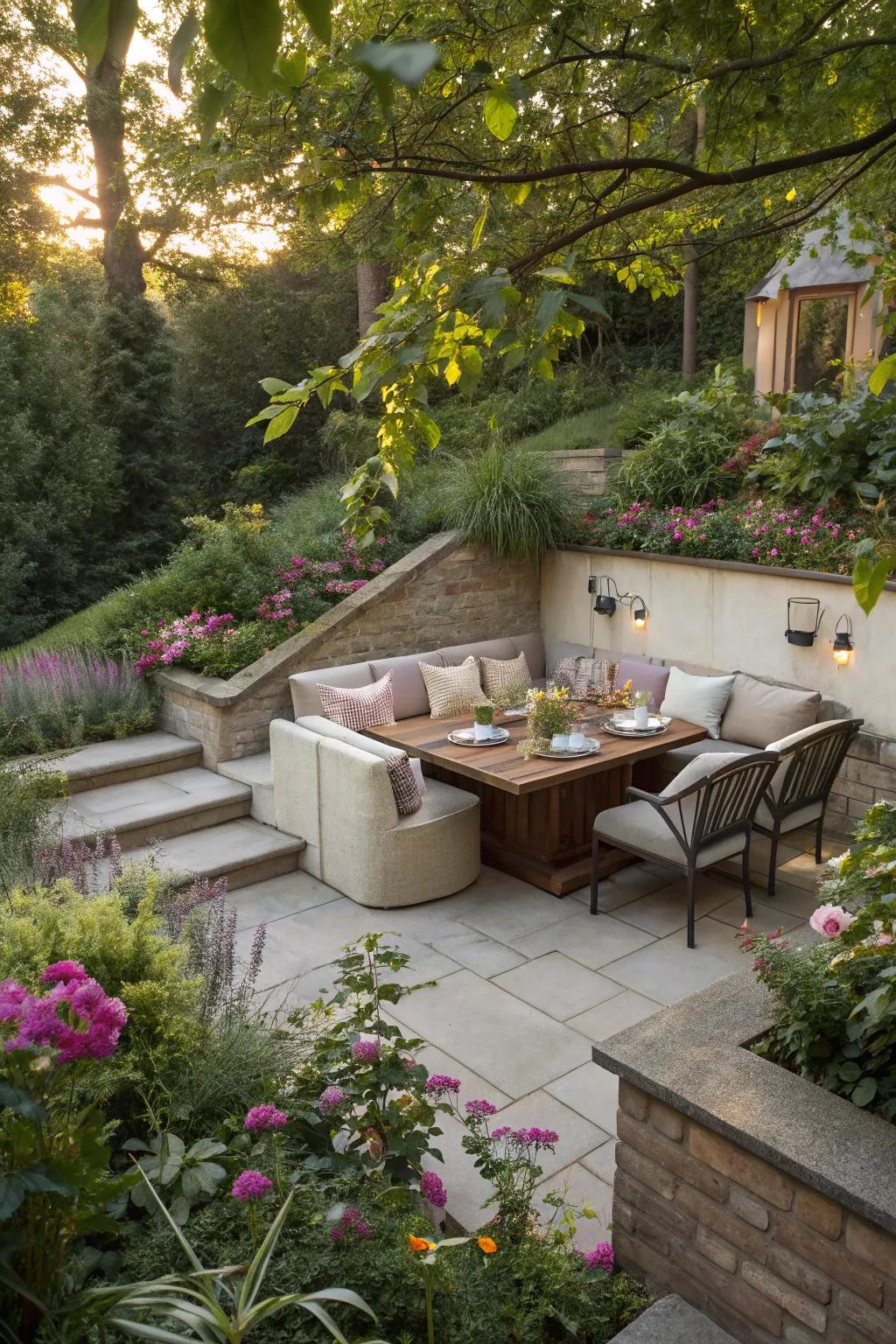 A distinctive sunken dining zone furnishing intimacy and charm.