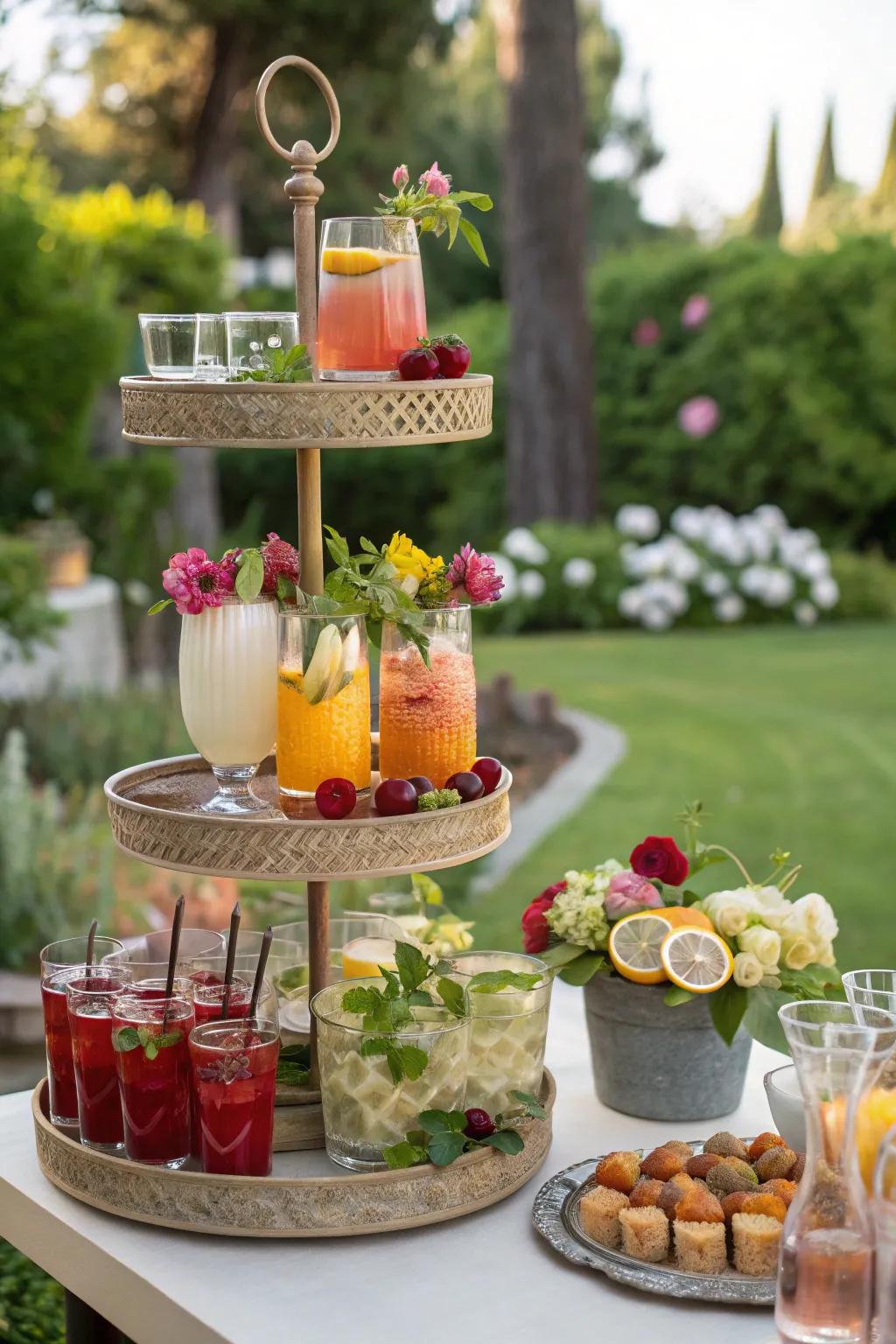 A multi-layered display stand elegantly organizes drinks and trimmings.