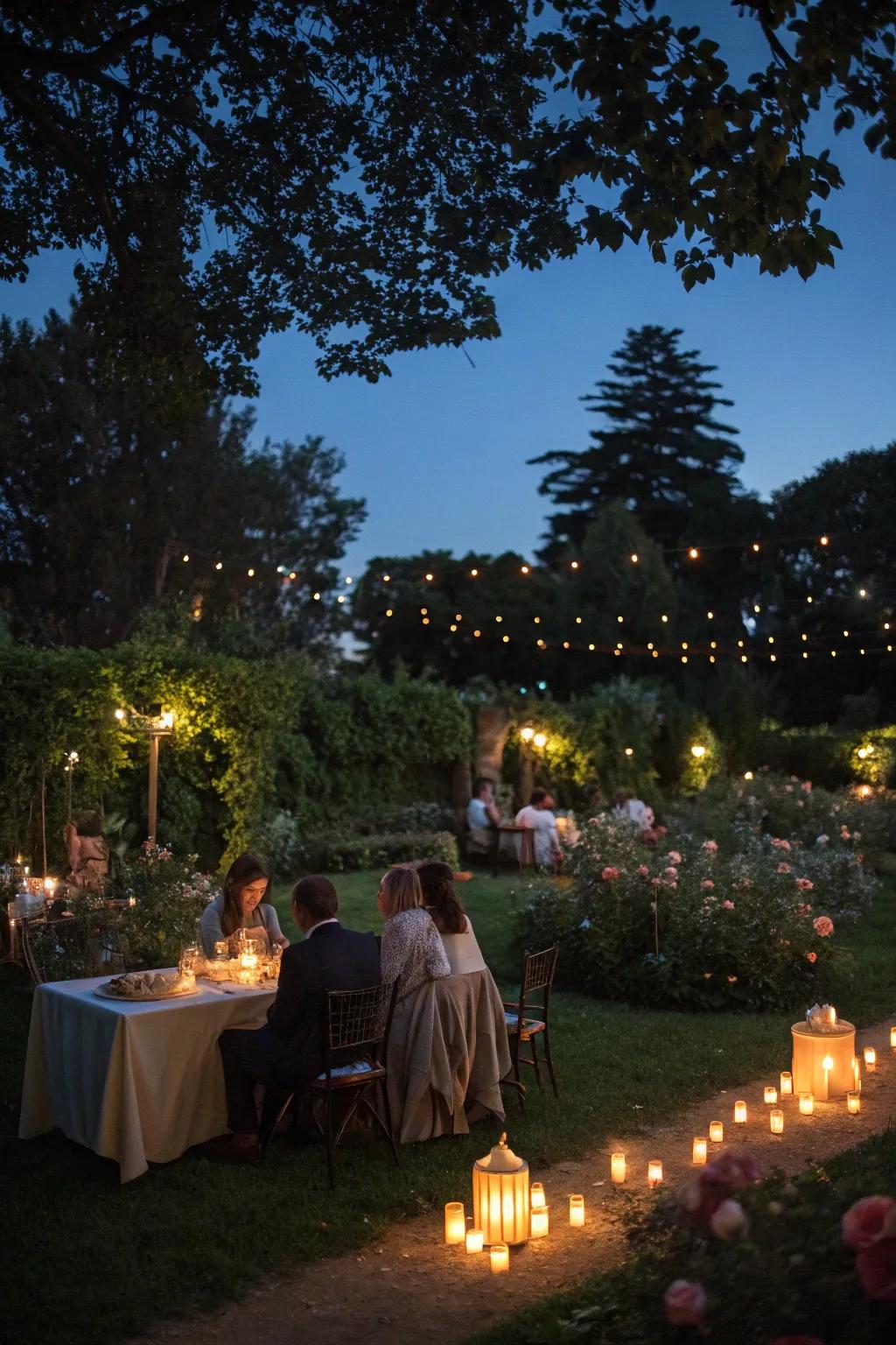 Candlelit tables craft an elegant evening ambiance.