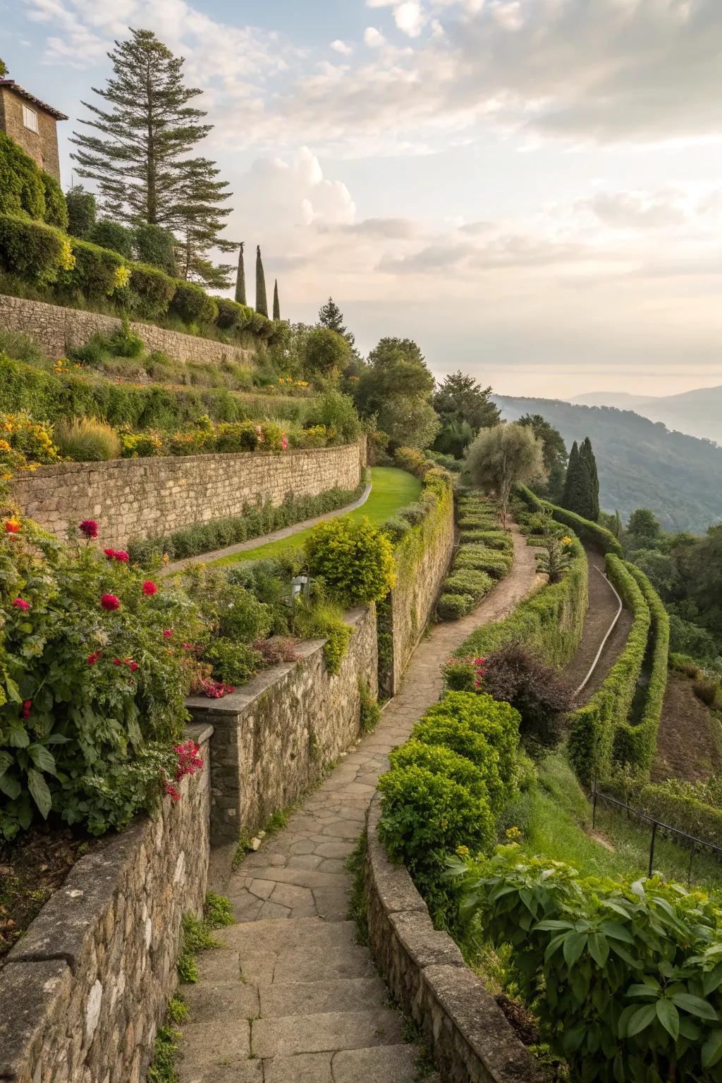 Support walls stabilize slopes while improving garden beauty.