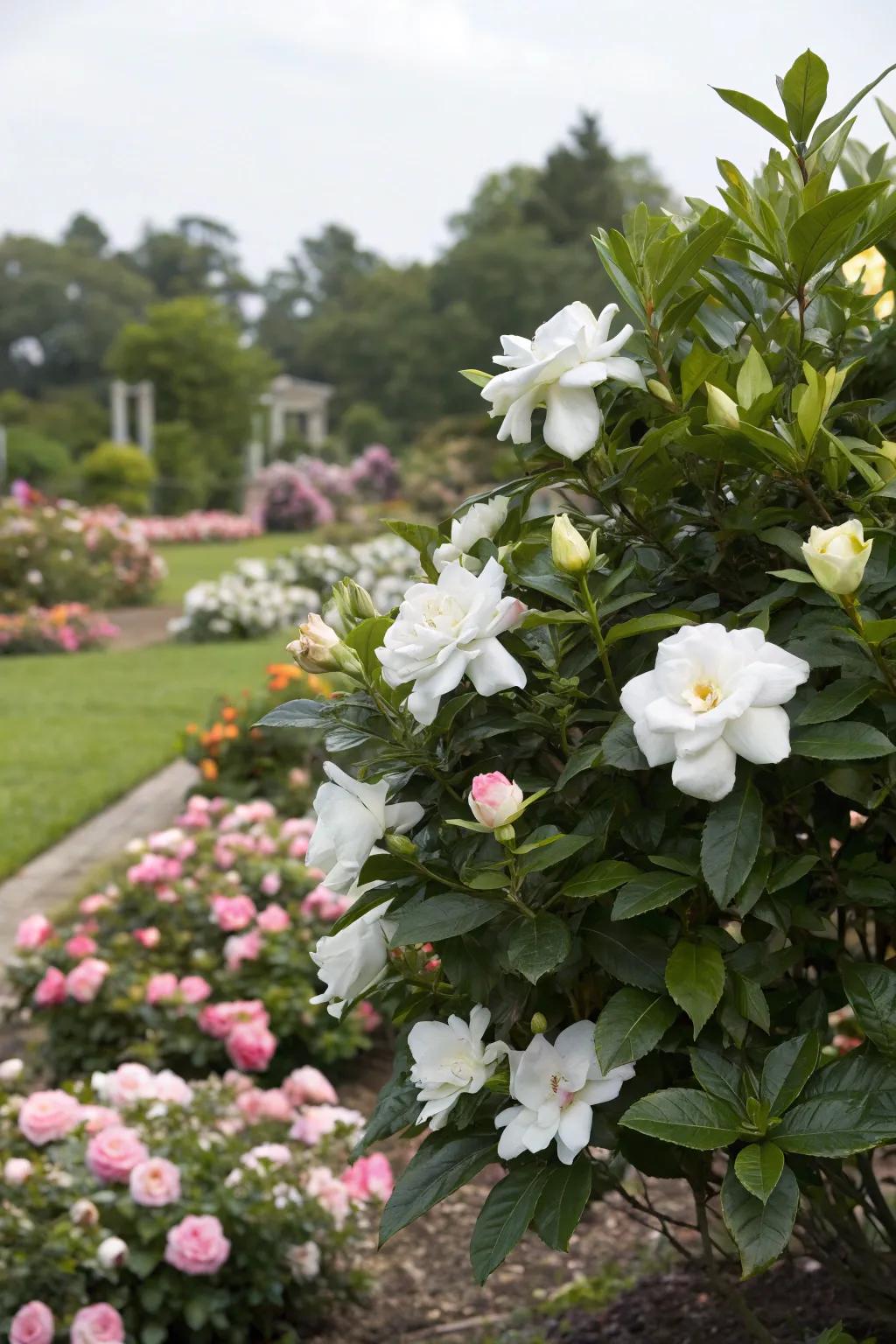 A fragrant gardenia shrub bordered by complementary blossoms.