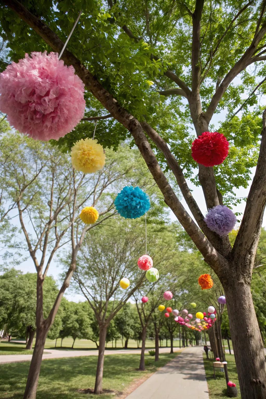 Pom-pom decorations give a playful splash of color to the park.