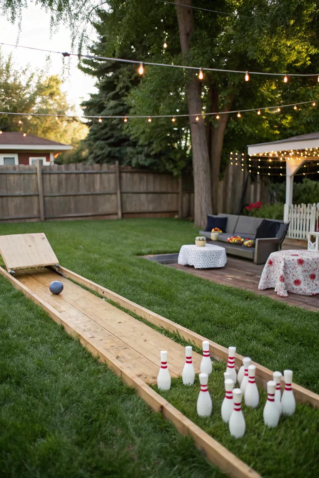 Backyard bowling setup ready for party fun