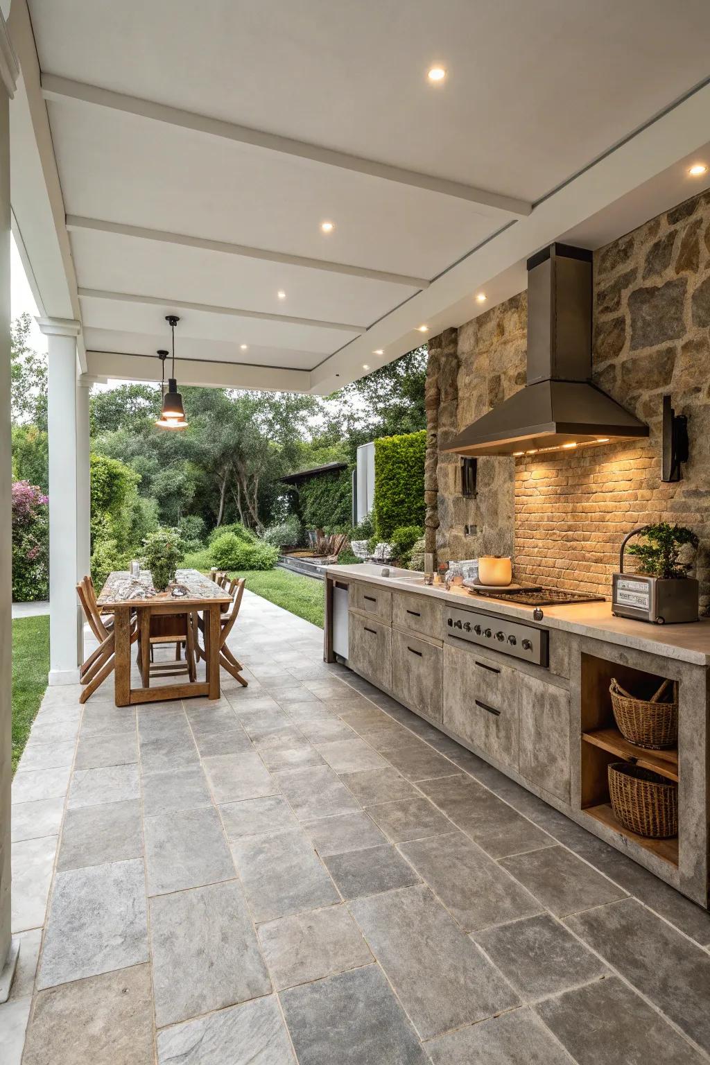 Realize an industrial chic aesthetic through cement-simulated tiles.