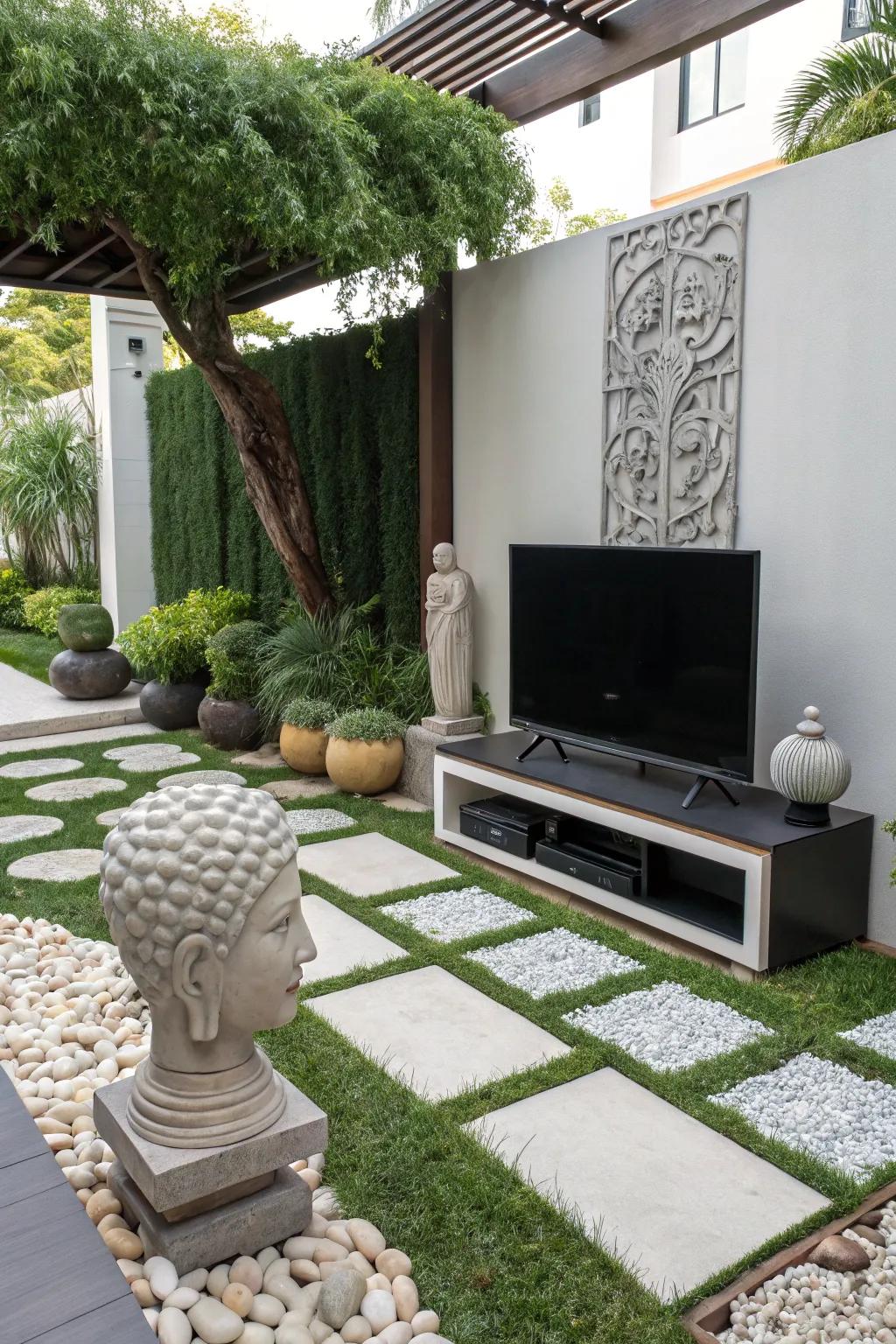An outdoor TV stand that also serves as art.