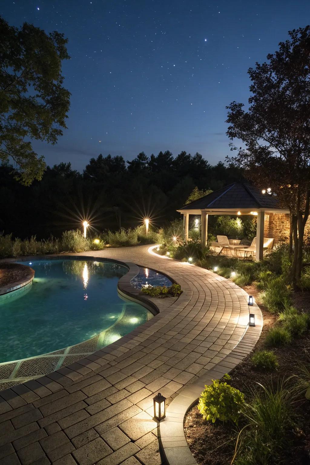 Tactical illumination intensifies the pool deck's evening ambiance.