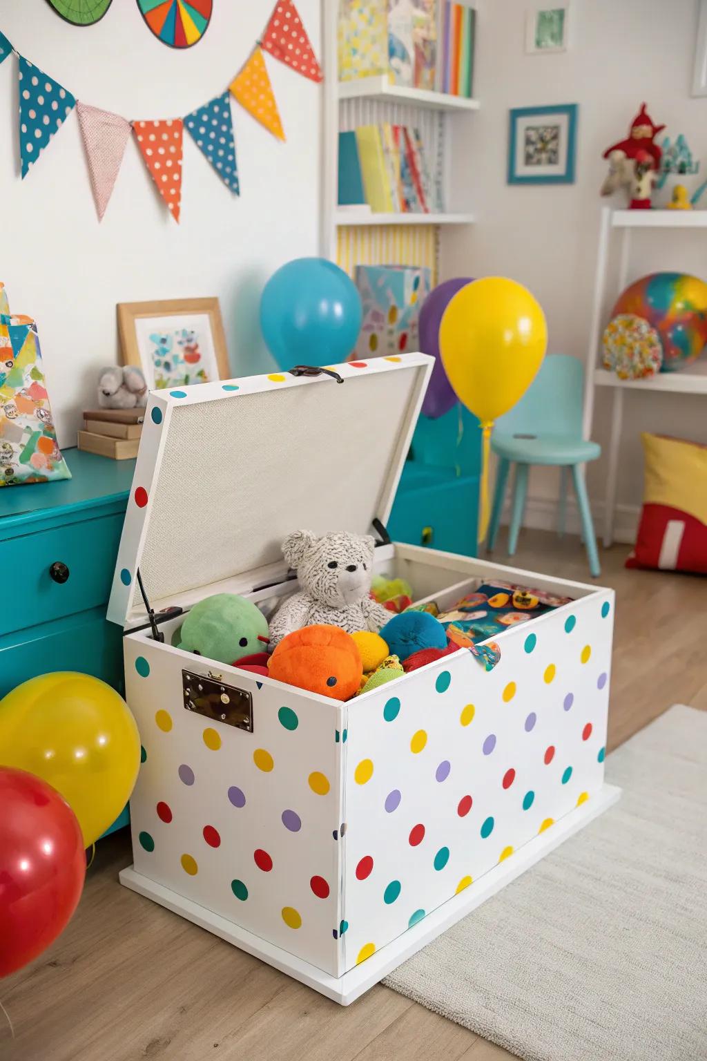 A fun circular dot chest, perfect for a child's playroom.