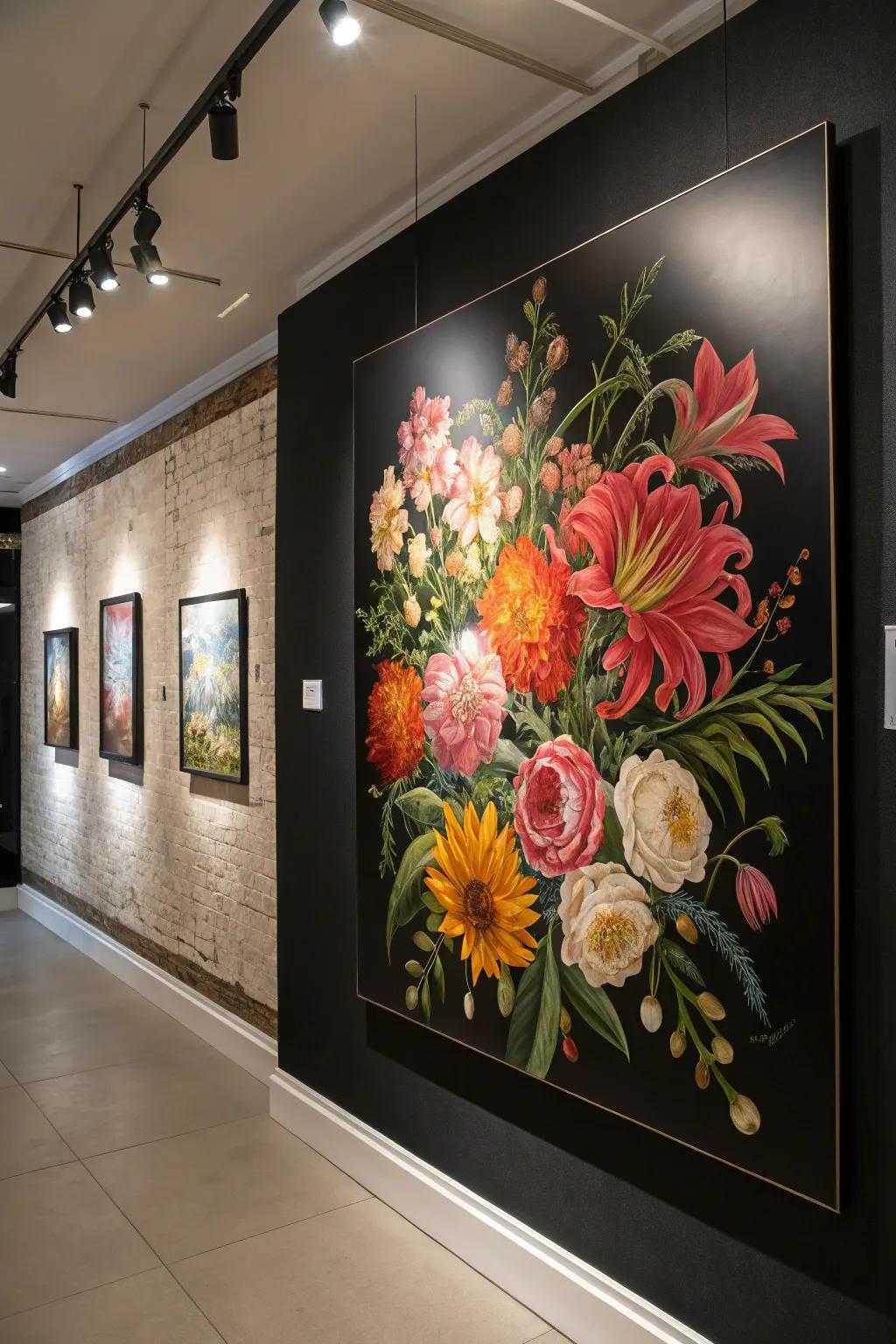 Charcoal backdrops cause floral colors to stand out exquisitely.