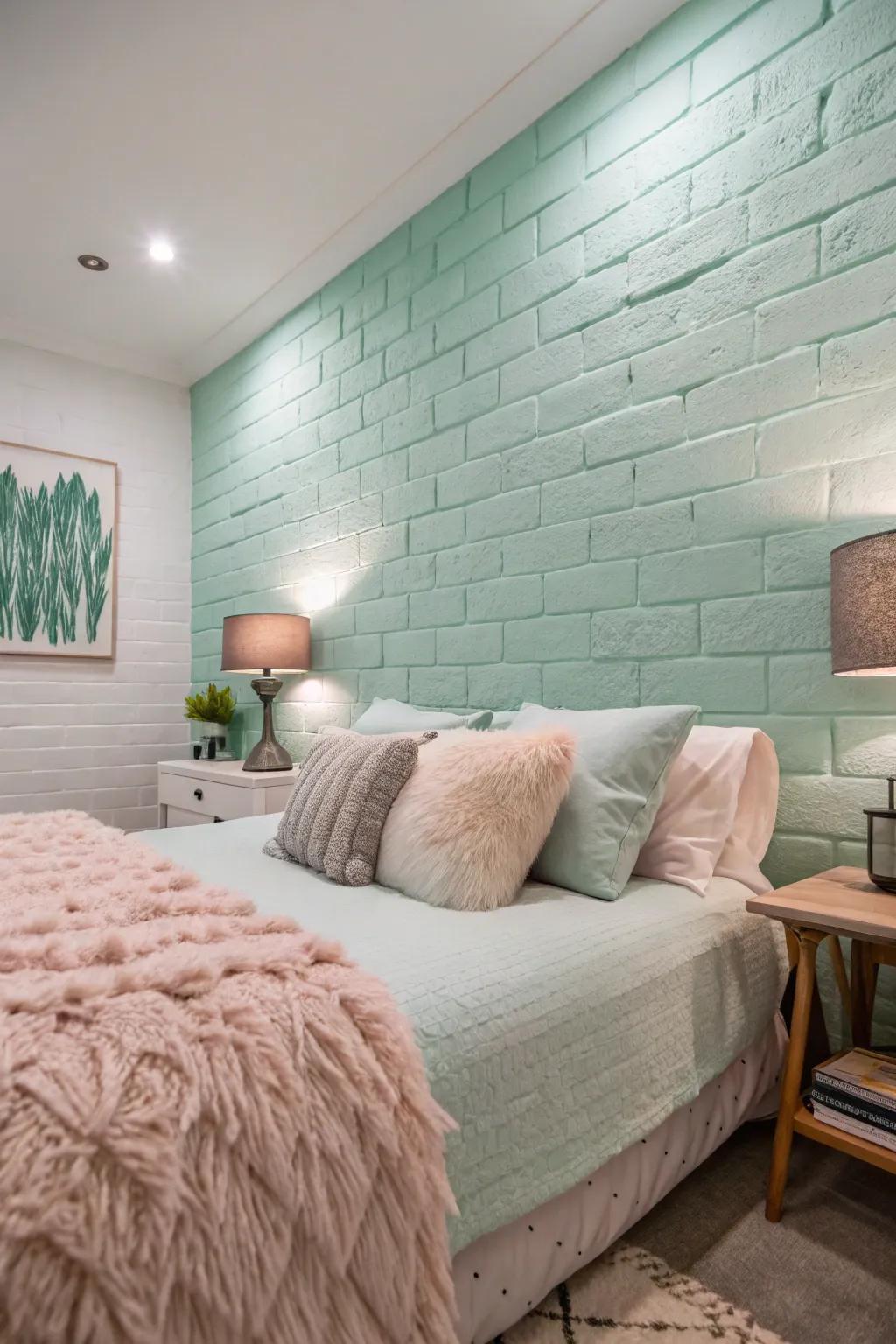A guest room providing a calming atmosphere through its soft mint brick wall.