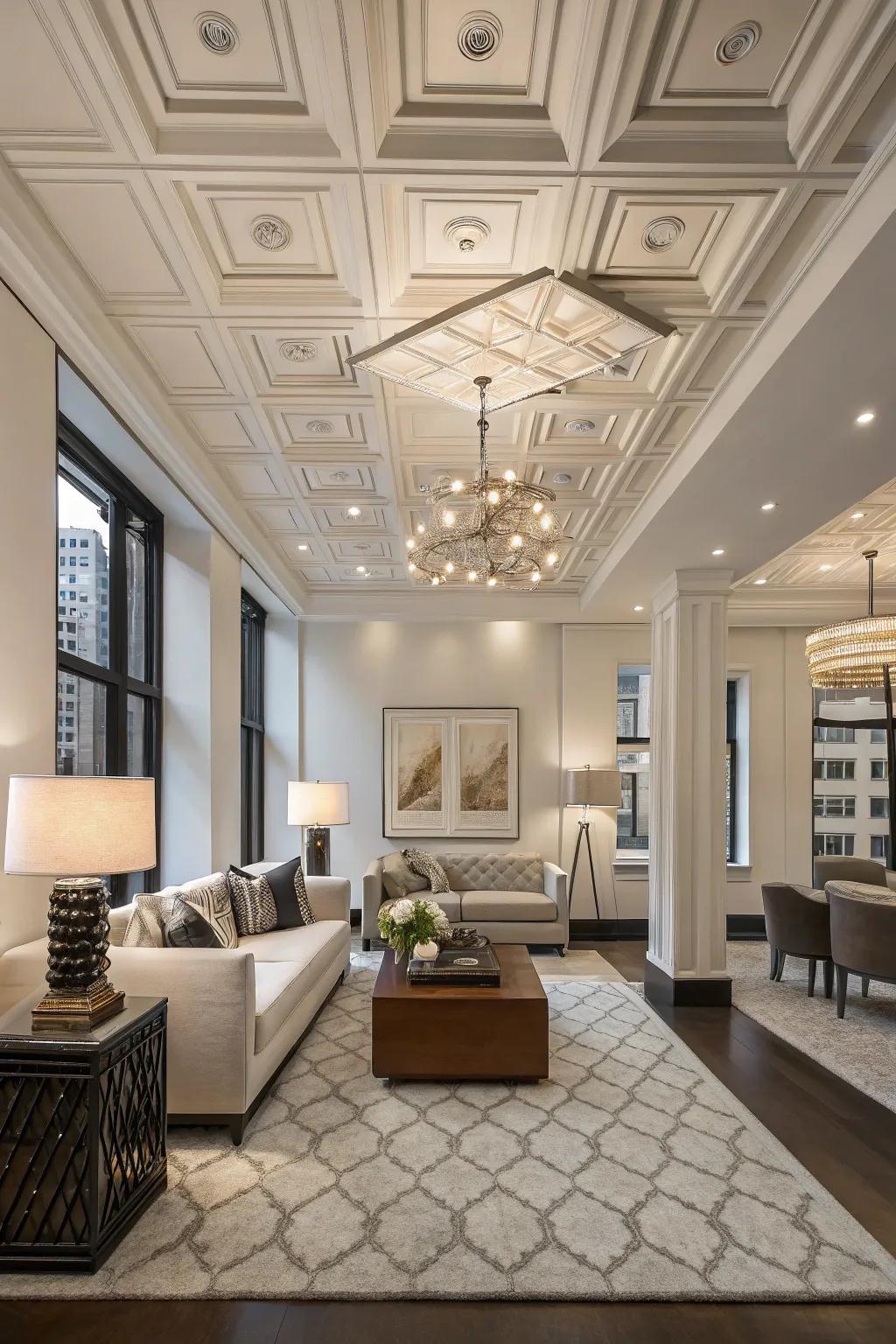 Coffered ceilings introduce architectural sophistication.