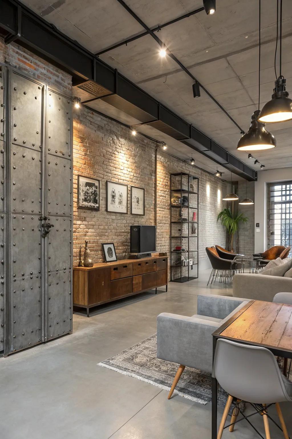 Room featuring industrial chic concrete panel designs.