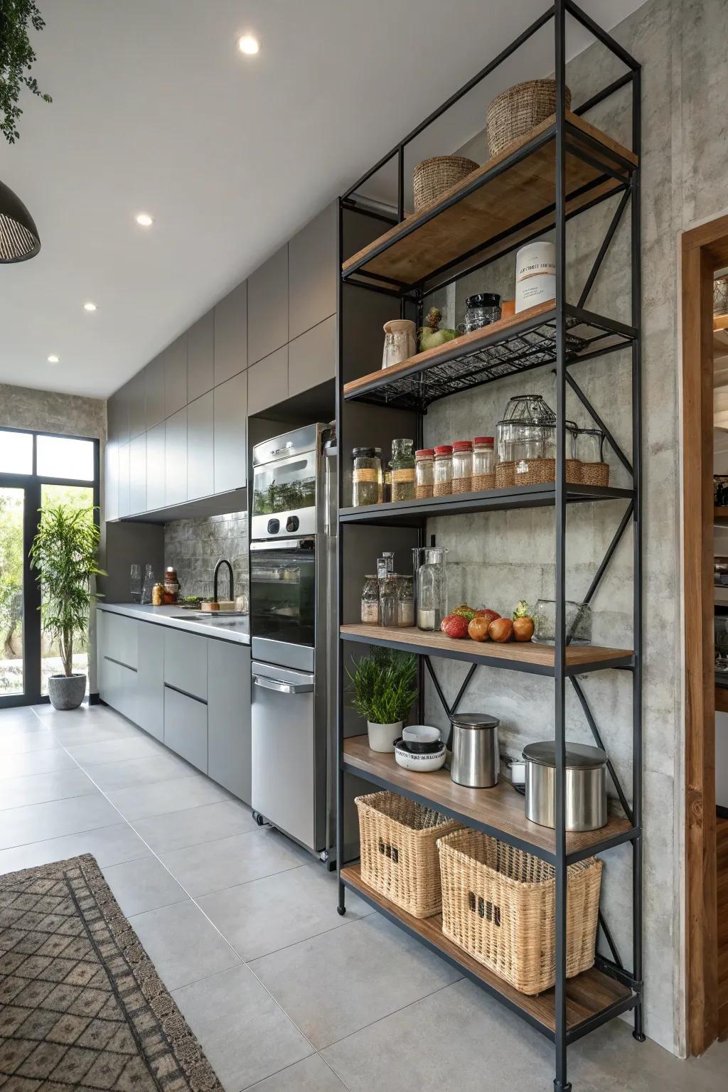 Industrial elements impart a modern edge to your pantry.