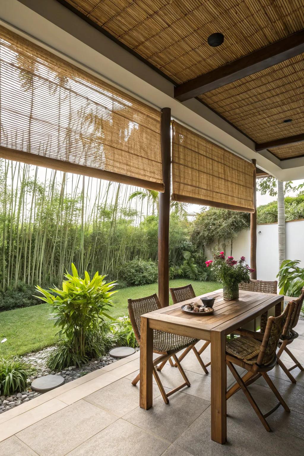 Woven shades offer an eco-friendly and exotic patio ambiance.