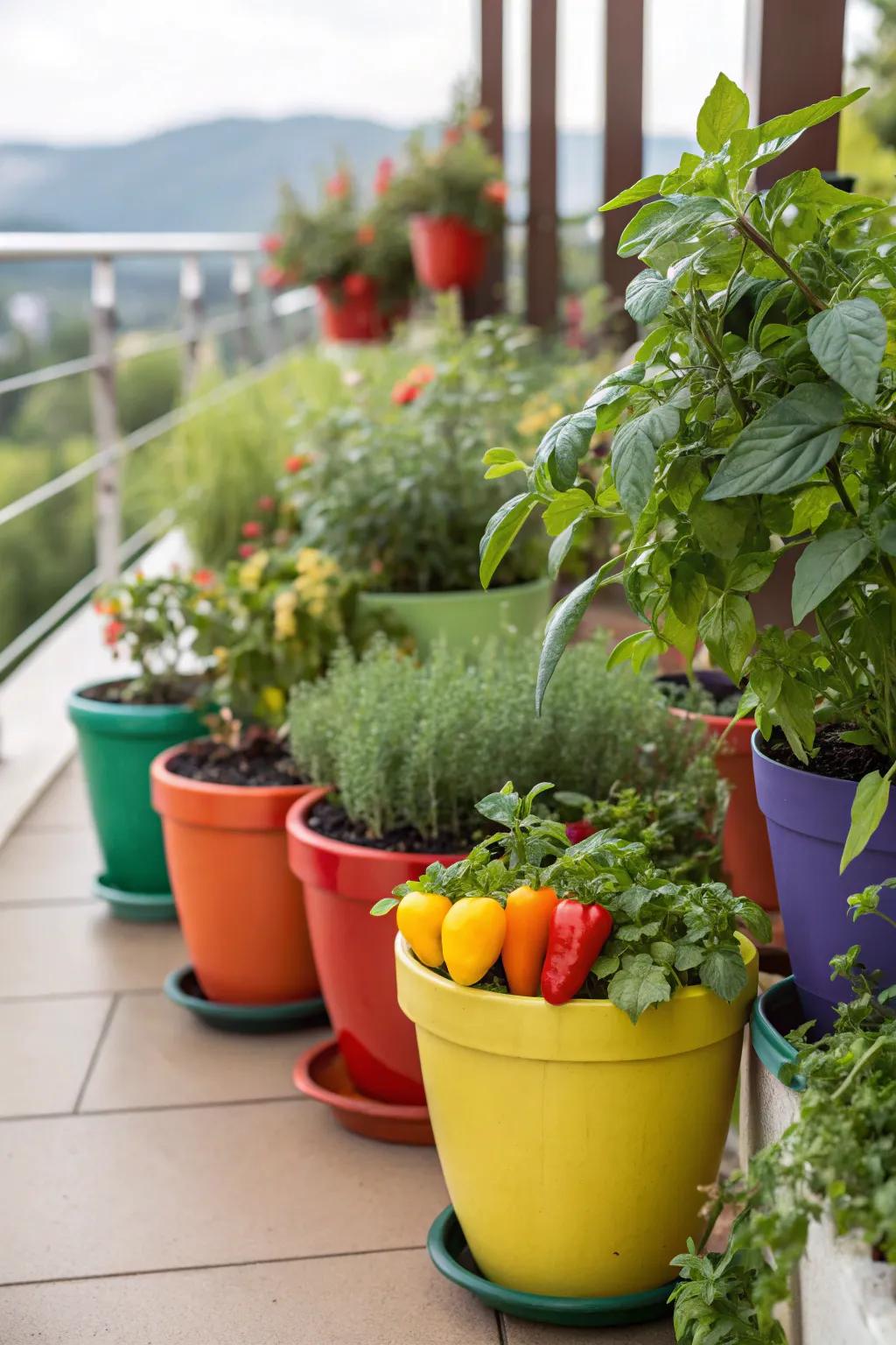 A display of colorful containers brings life and energy to the garden.