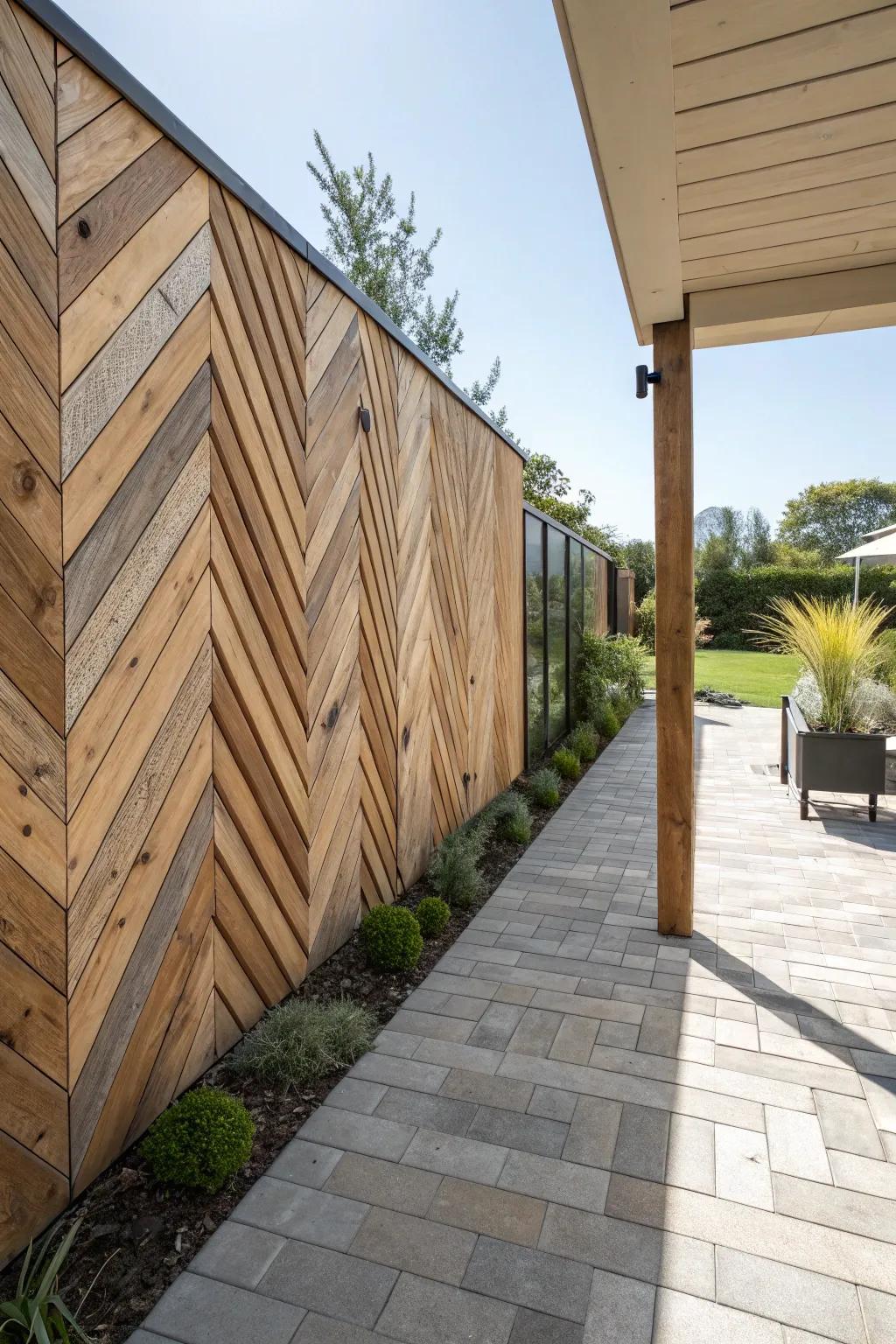 A patio background featuring a striking chevron timber motif.