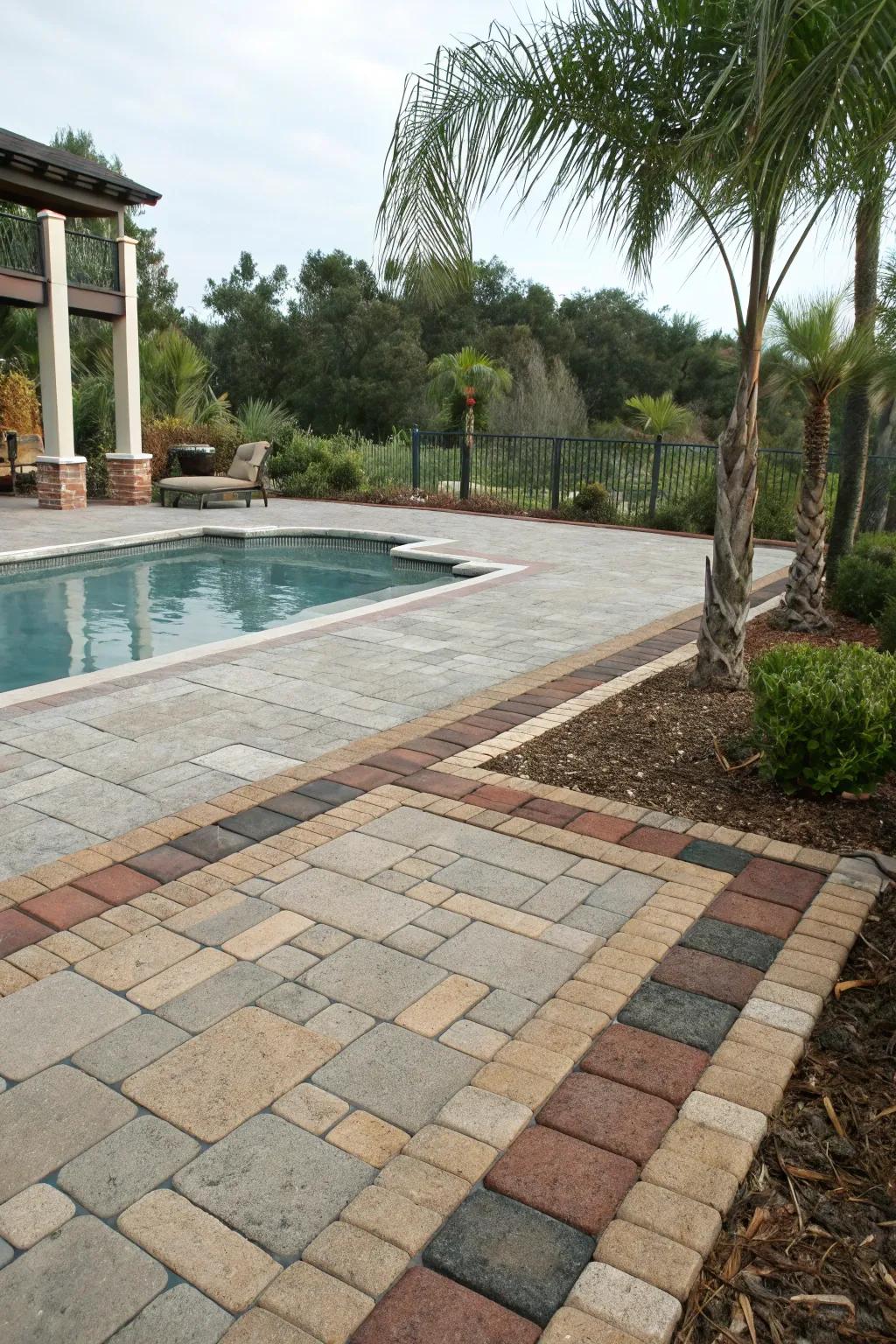 Mixing resources enriches the visual appeal surrounding the pool.