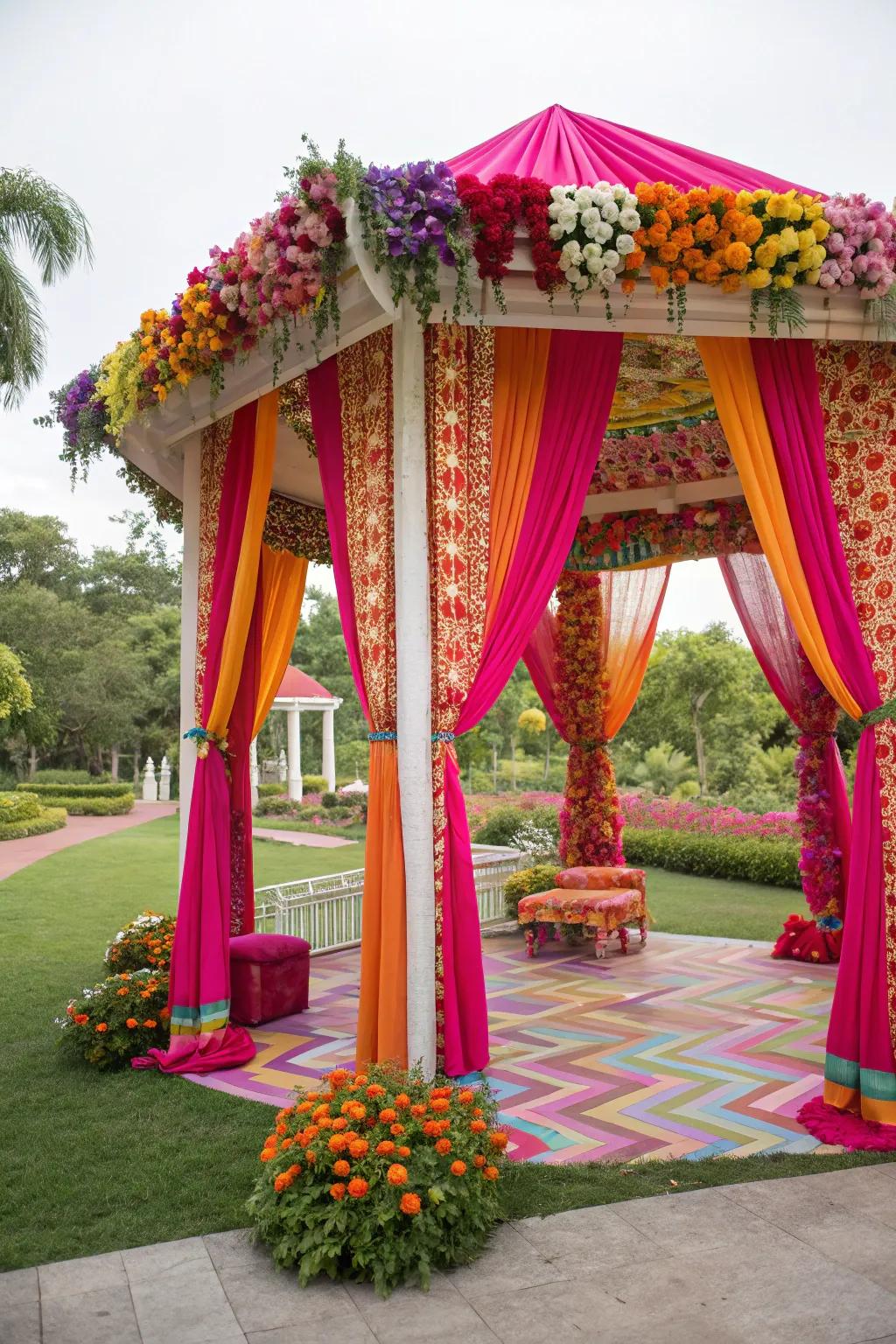 An audacious shade theme allows the pavilion ornamentation to stand out.