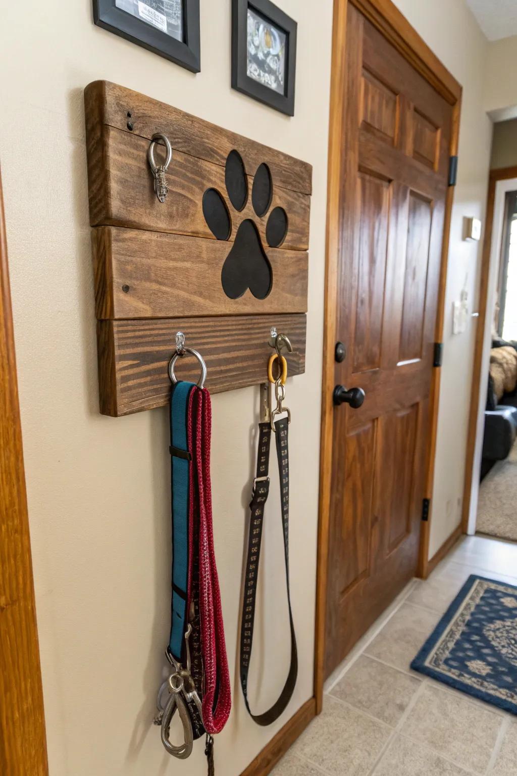 A personalized leash rack with a paw print design.