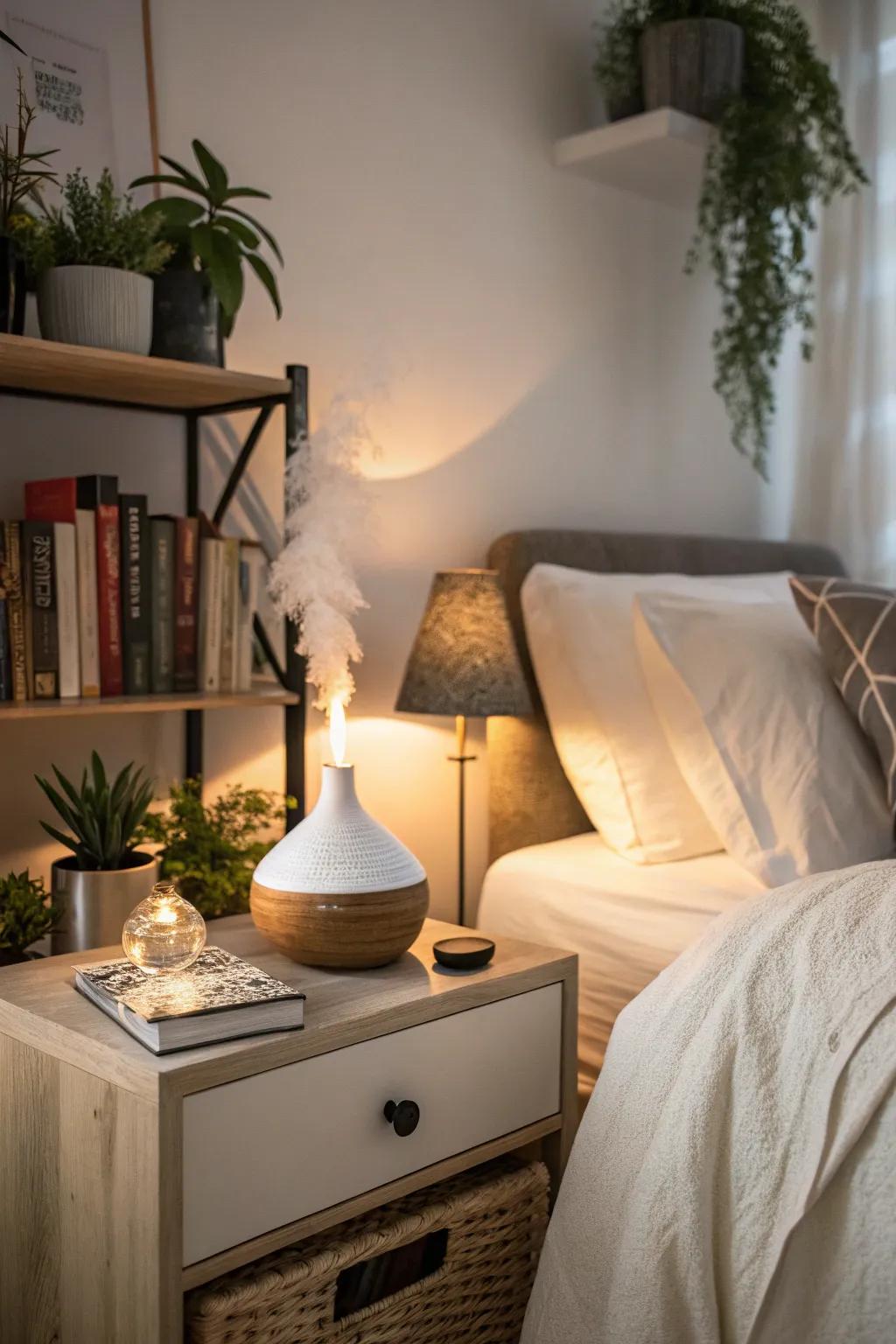 A bedroom is enhanced by an essential oil diffuser, creating a calming atmosphere.