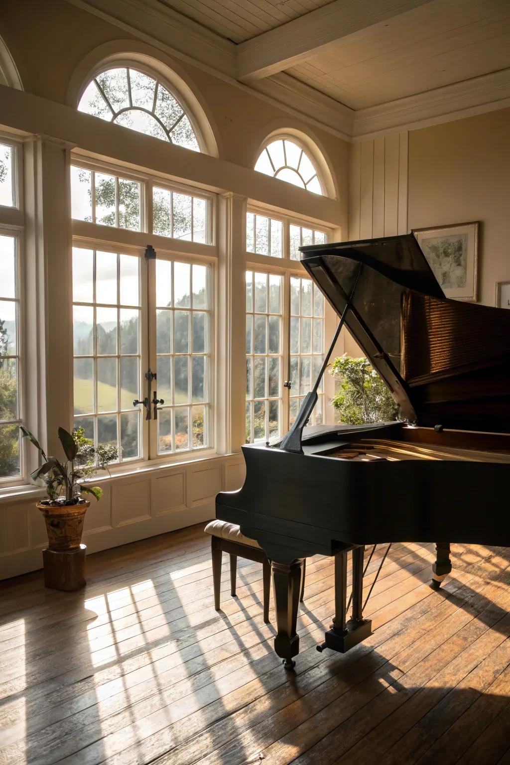 Natural light improves the beauty and sound of the piano area.