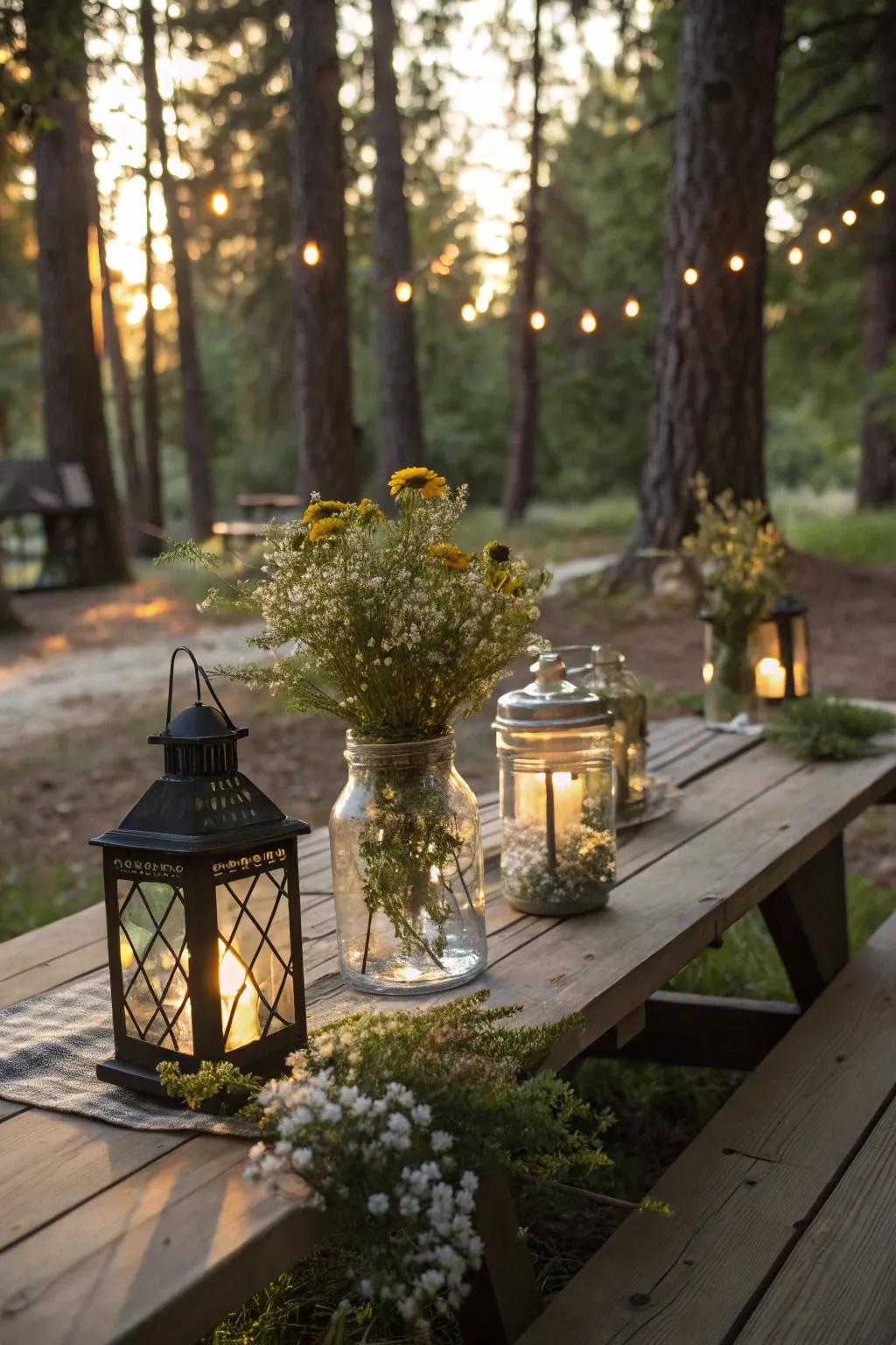 Classical finds such as lamps and pots infuse the picnic arrangement with nostalgic allure.