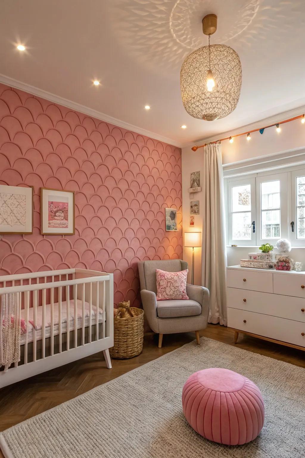 A nursery featuring pink textured decor that invites exploration.