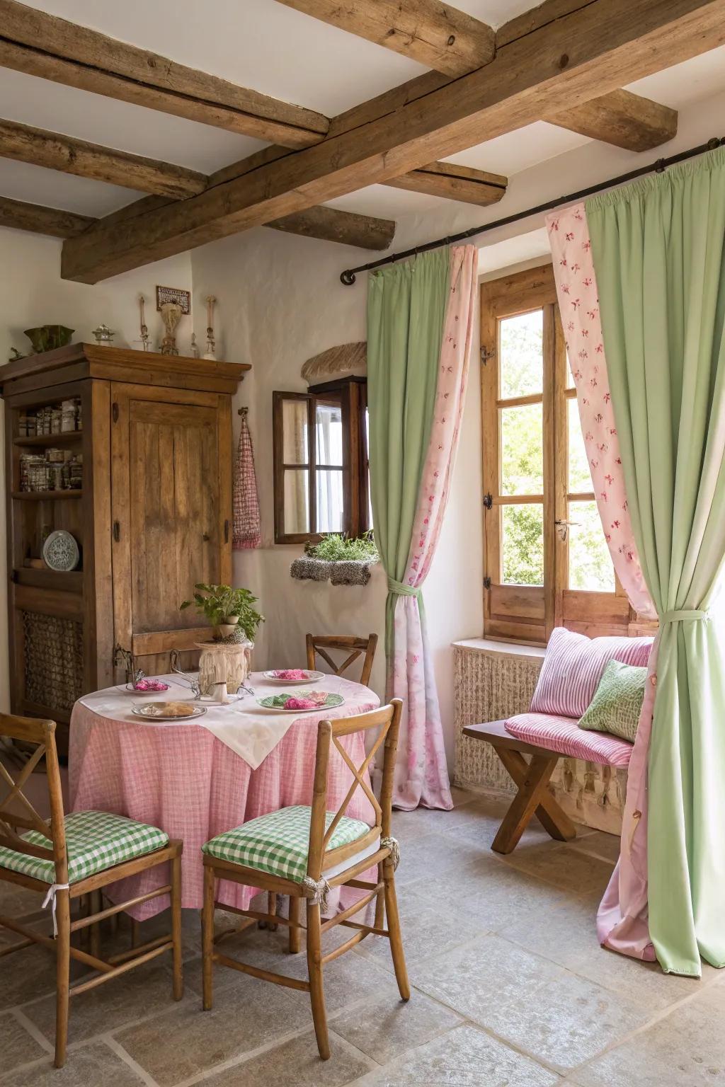 Wooden furniture with rose and verdant textiles creates rustic charm.