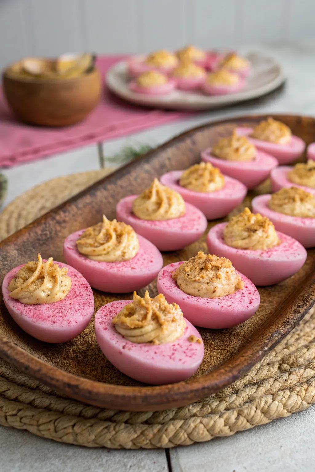 Rosy stuffed eggs are a vibrant and delicious appetizer.