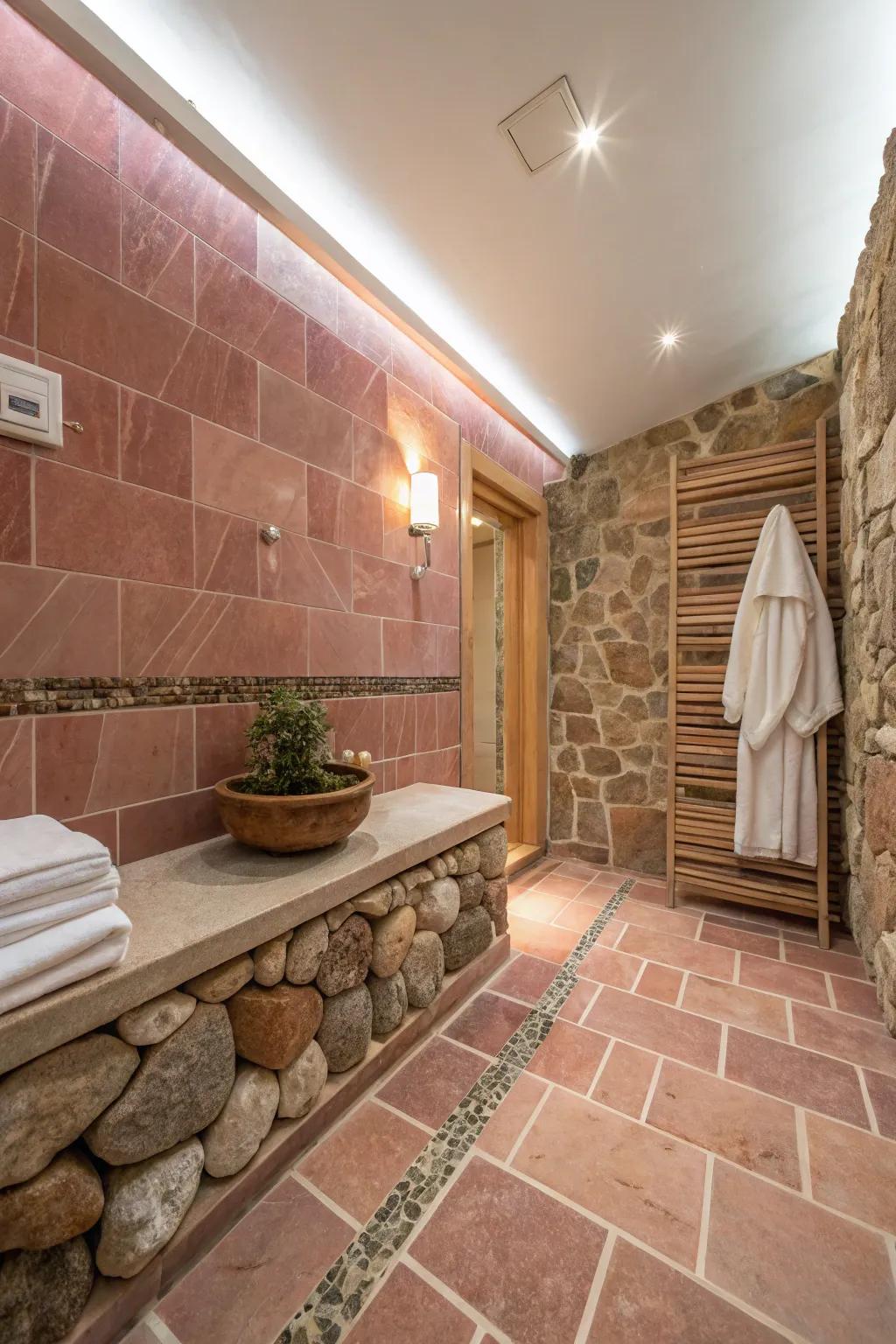 An organic blend of earthy rose tiles with natural rock.