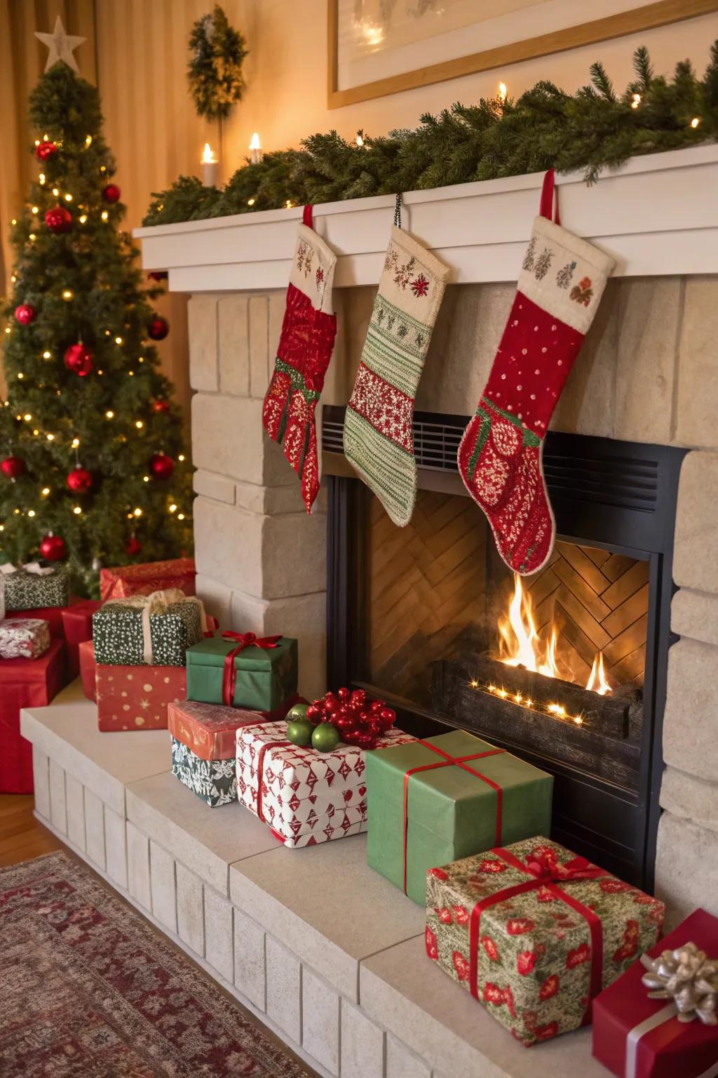 Render your hearth a celebratory focal point with artfully arranged gifts.