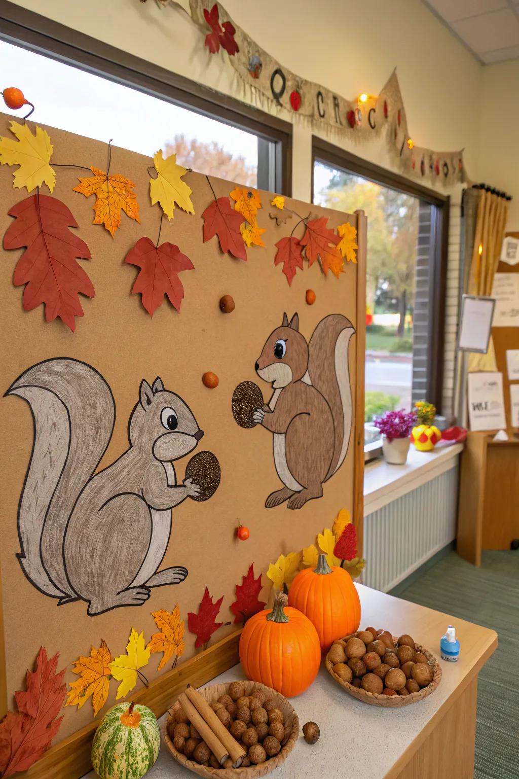 A whimsical fall pin board featuring squirrels and nuts.