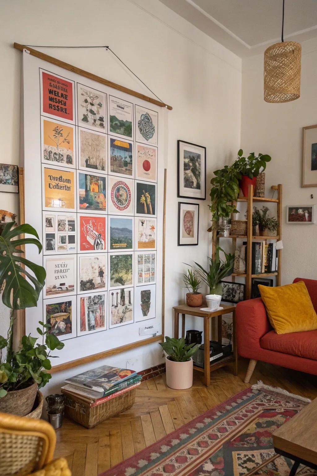A print employing a quirky grid layout balancing a diverse lounge.