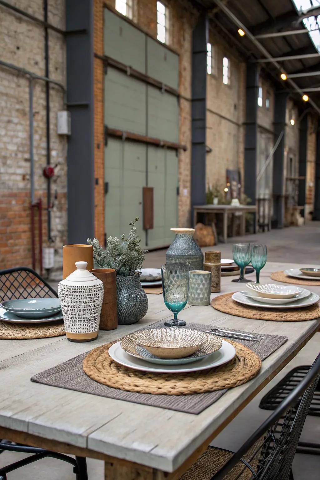 Combining different materials creates a visually dynamic and stylish table setting.